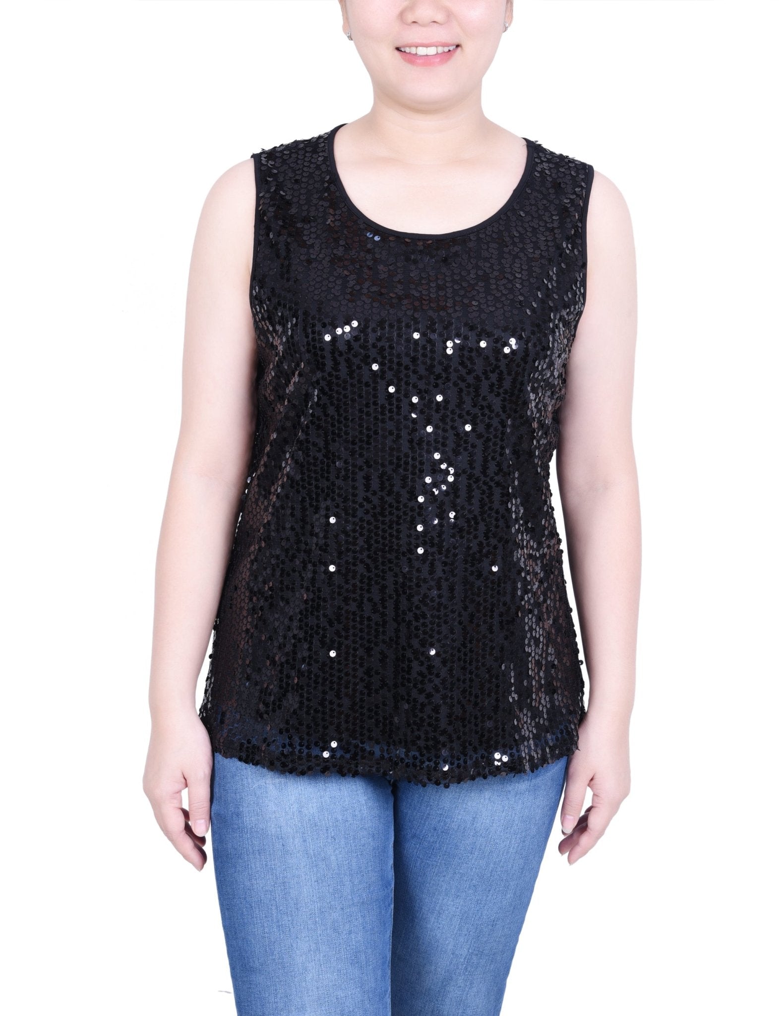 NY Collection Sleeveless Sequined Tank Top With Combo Banding - Petite - DressbarnShirts & Blouses