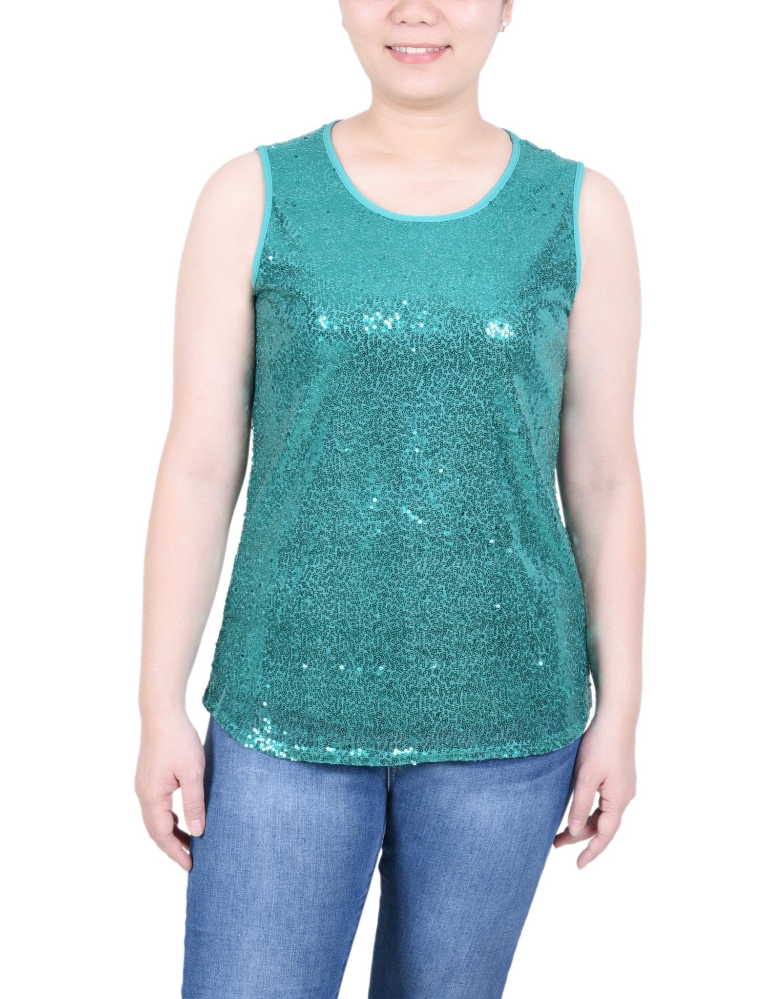 NY Collection Sleeveless Sequined Tank Top With Combo Banding - Petite - DressbarnShirts & Blouses