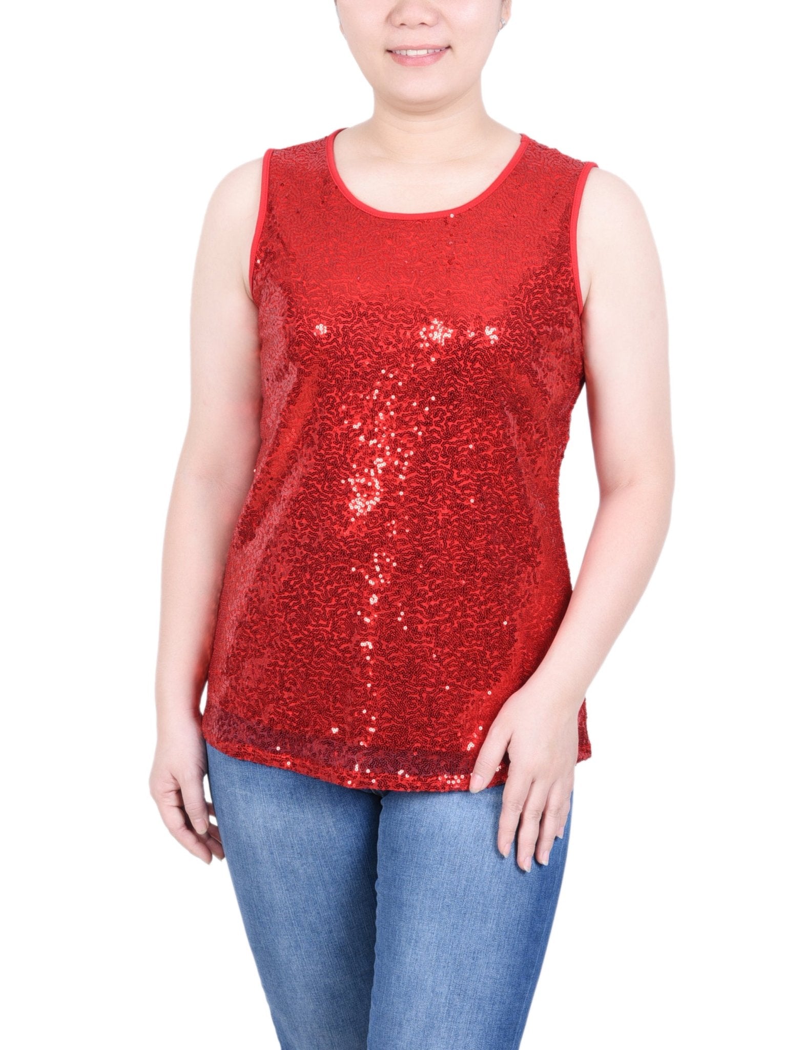 NY Collection Sleeveless Sequined Tank Top With Combo Banding - Petite - DressbarnShirts & Blouses