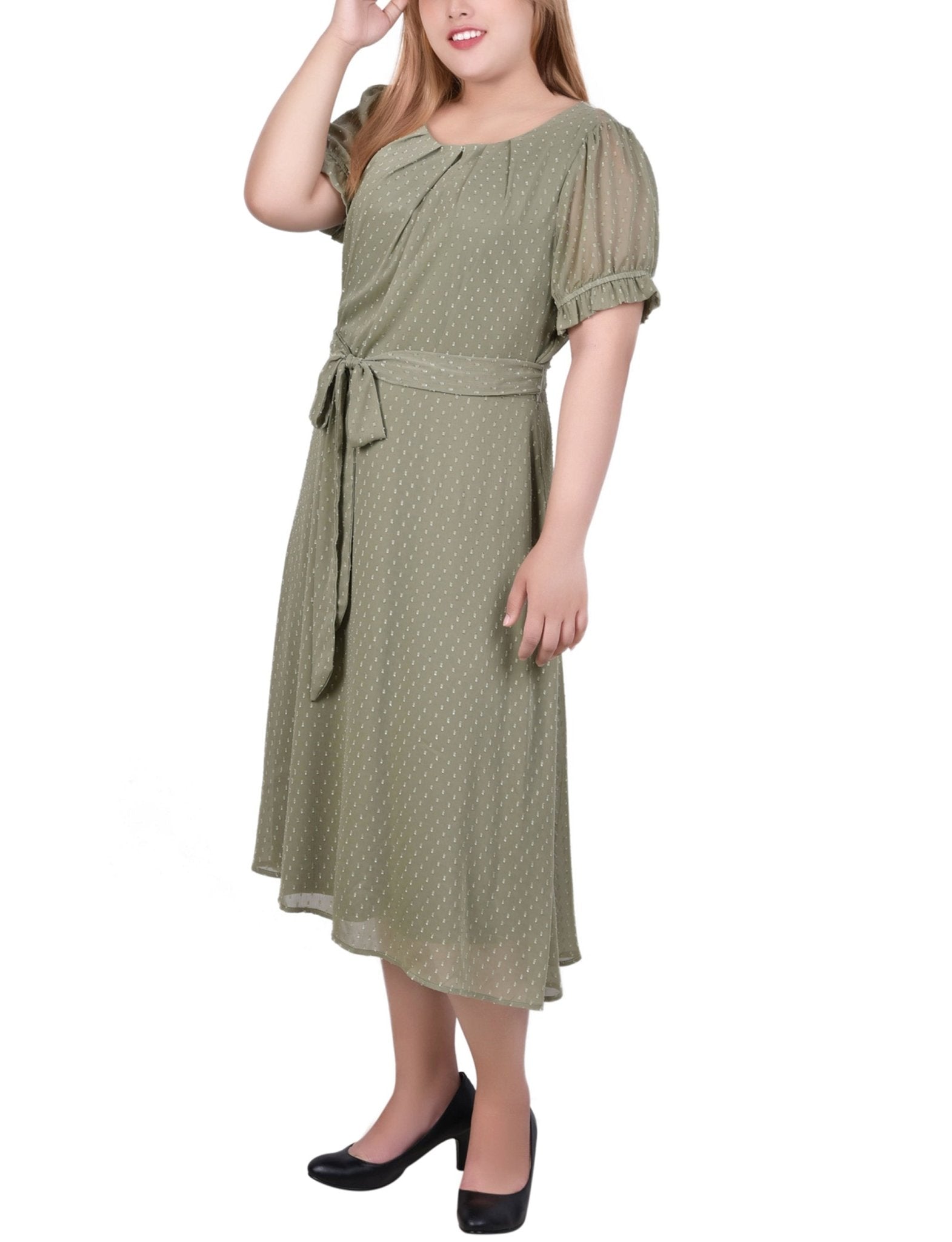 Oil Green Rectangle Short Sleeve Belted Swiss Dot Dress - Plus Oil Green Rectangle Short Sleeve Belted Swiss Dot Dress - Plus