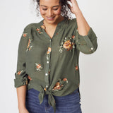 Olive Embroidered Button Front Woven Blouse- Plus - DressbarnShirts & Blouses