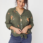 Olive Embroidered Button Front Woven Blouse- Plus - DressbarnShirts & Blouses