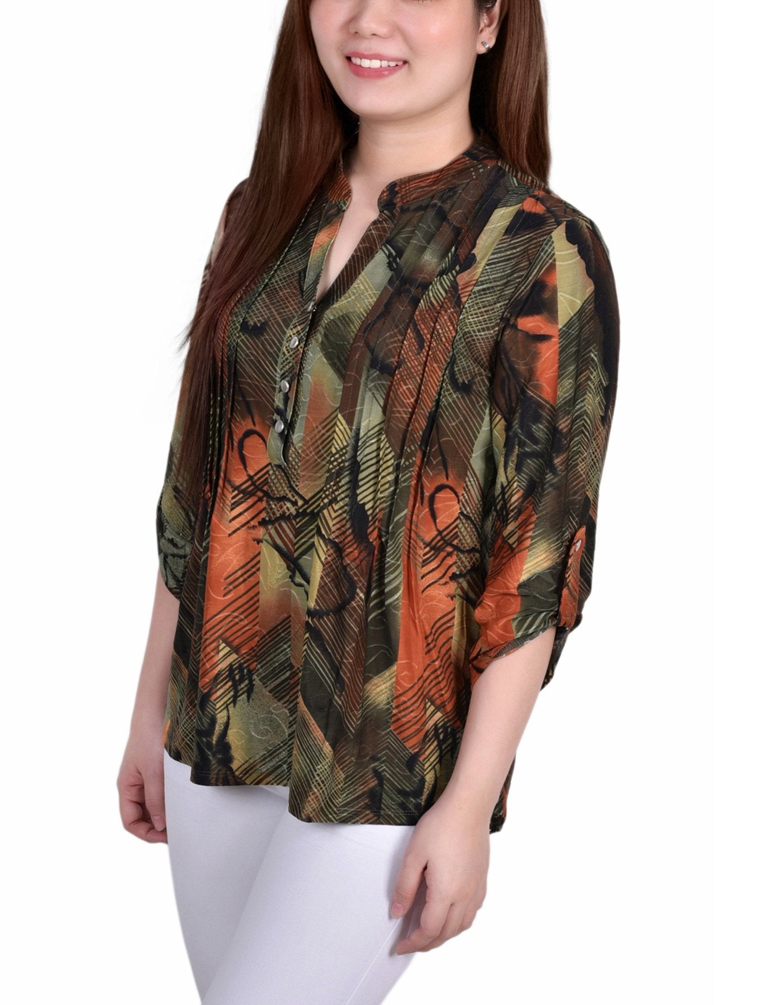 Olive Gilia 3/4 Sleeve Roll Tab Y Neck Top - DressbarnBlouses