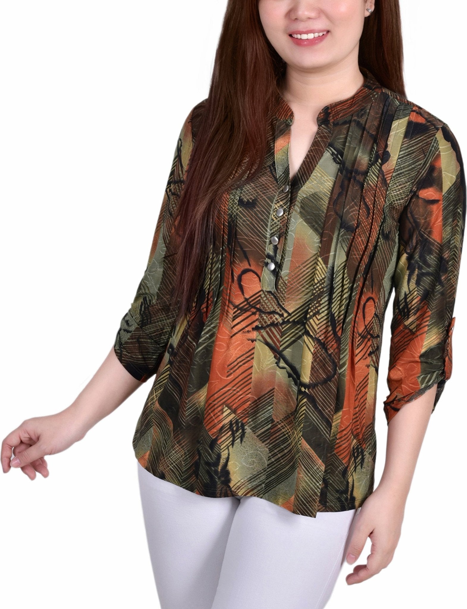 Olive Gilia 3/4 Sleeve Roll Tab Y Neck Top - DressbarnBlouses