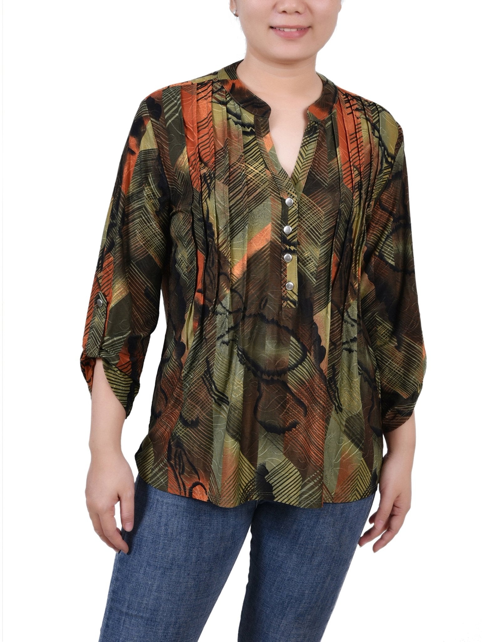 Olive Gilia 3/4 Sleeve Roll Tab Y Neck Top - Petite - DressbarnBlouses