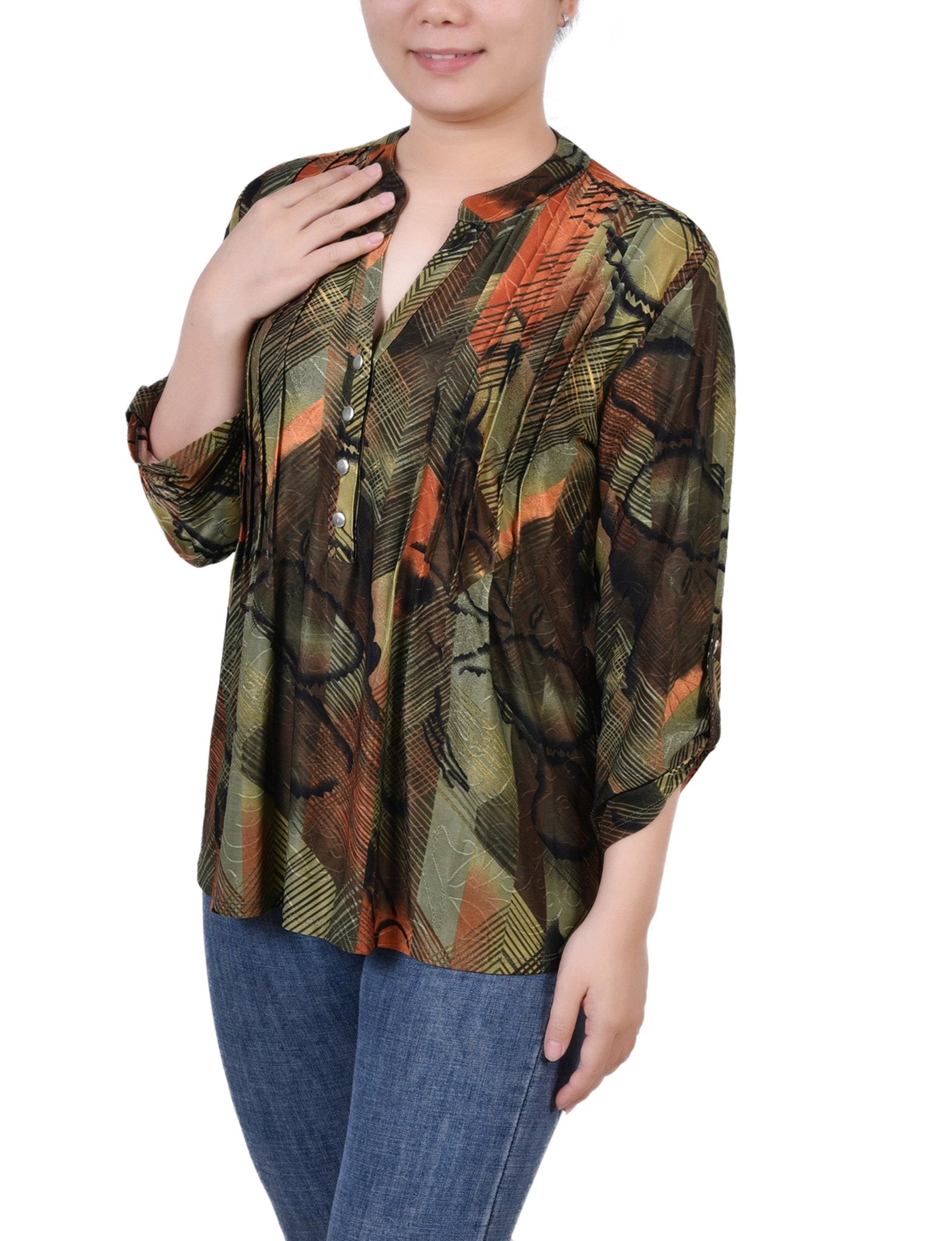 Olive Gilia 3/4 Sleeve Roll Tab Y Neck Top - Petite - DressbarnBlouses