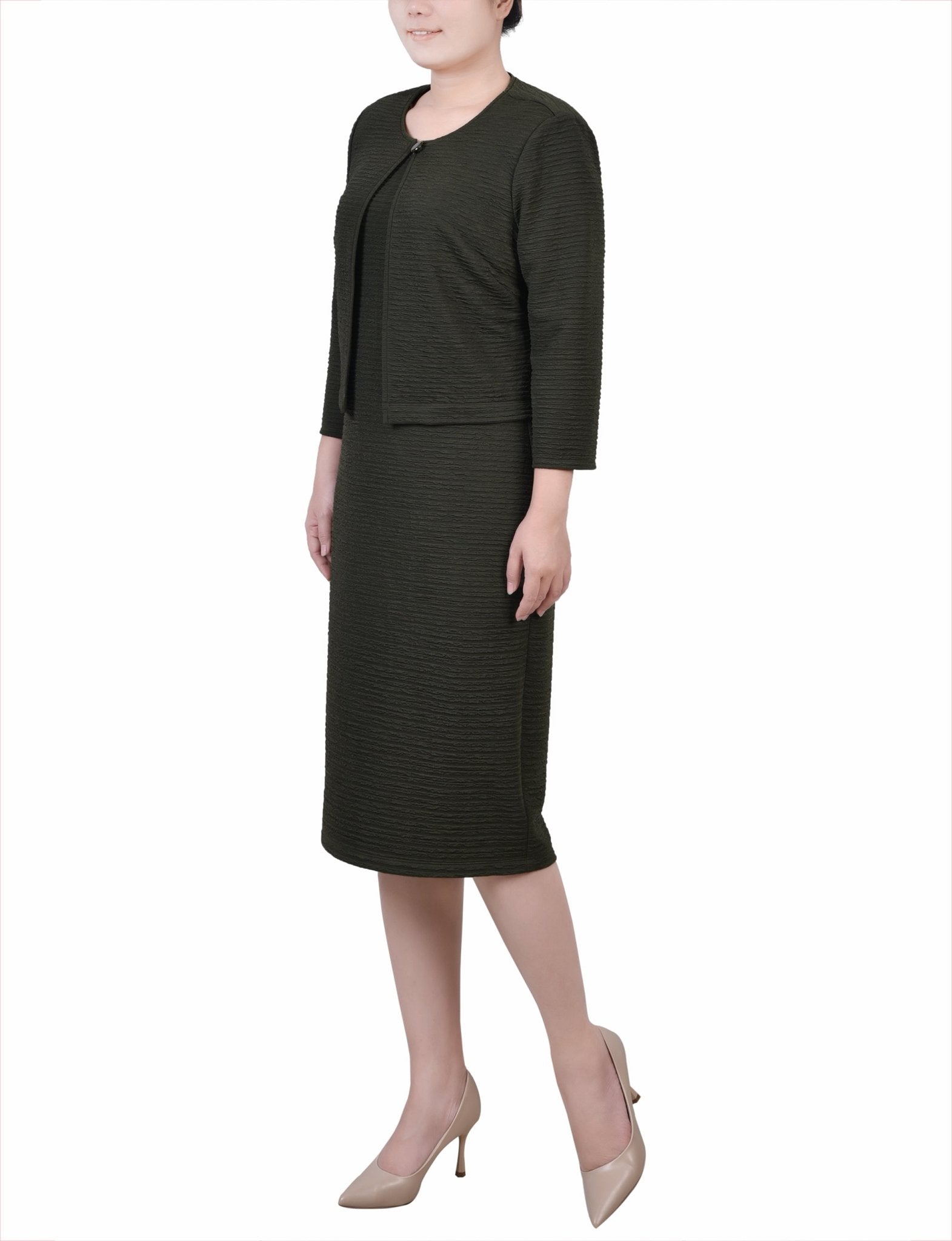 Olive Textured 3/4 Sleeve 2 Piece Dress Set - DressbarnKnee Length & Midi Dresses