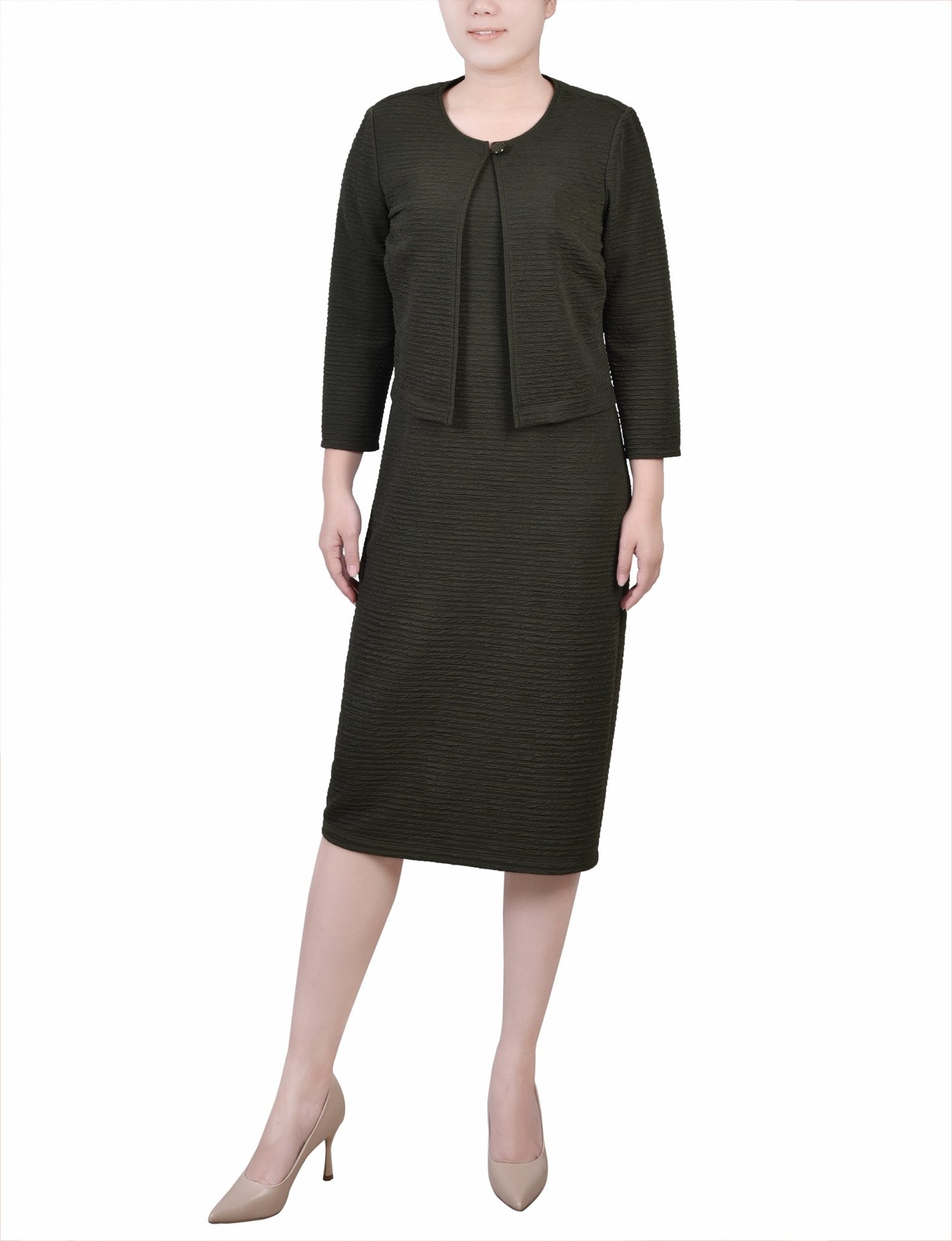Olive Textured 3/4 Sleeve 2 Piece Dress Set - DressbarnKnee Length & Midi Dresses
