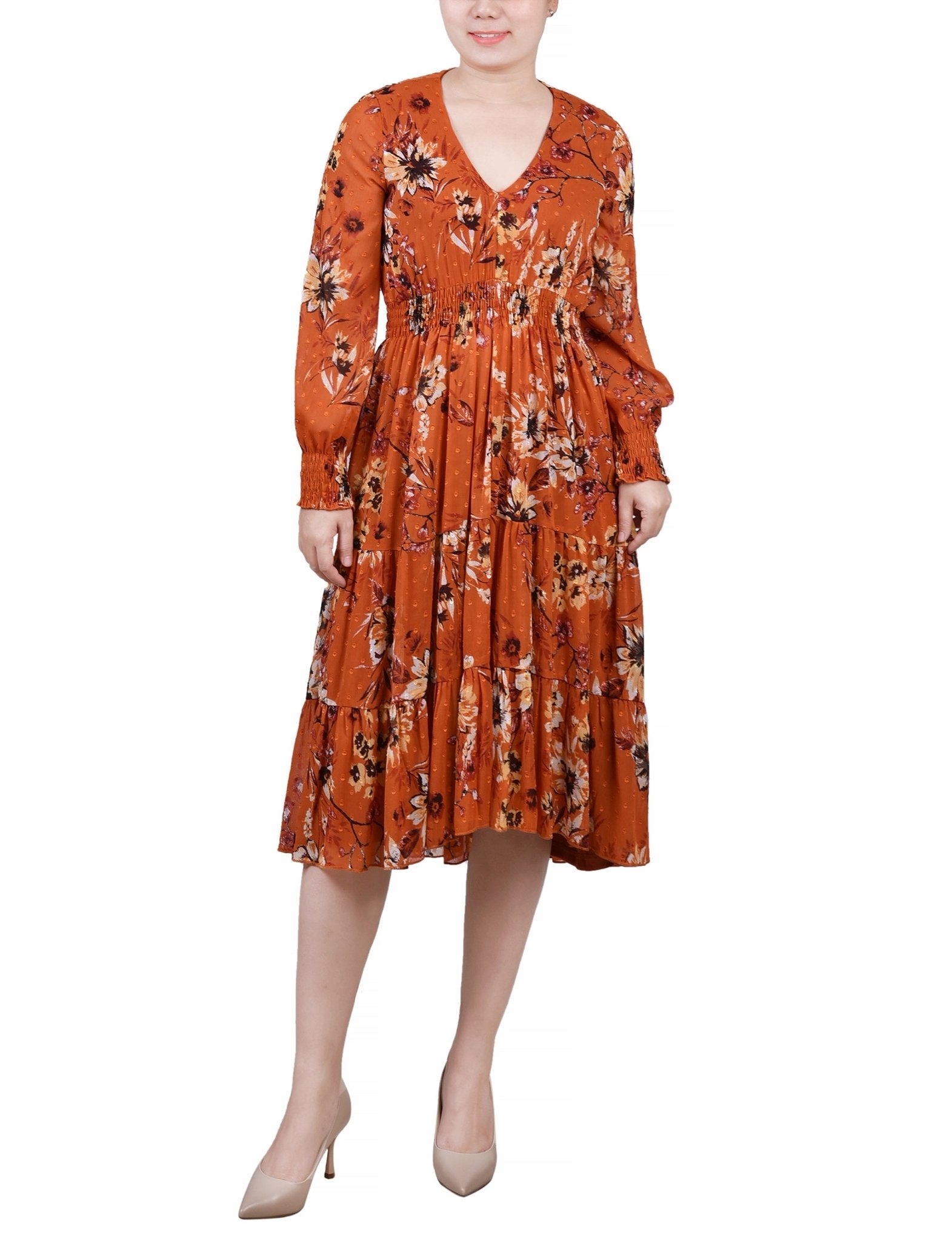 Orange Hauppage Long Sleeve Clip Dot Chiffon Dress With Smocked Waist and Cuffs - DressbarnKnee Length & Midi Dresses