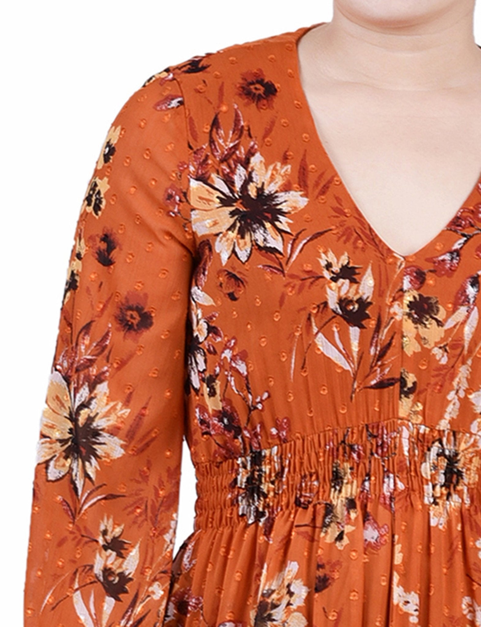 Orange Hauppage Long Sleeve Clip Dot Chiffon Dress With Smocked Waist and Cuffs Orange Hauppage Long Sleeve Clip Dot Chiffon Dress With Smocked Waist and Cuffs