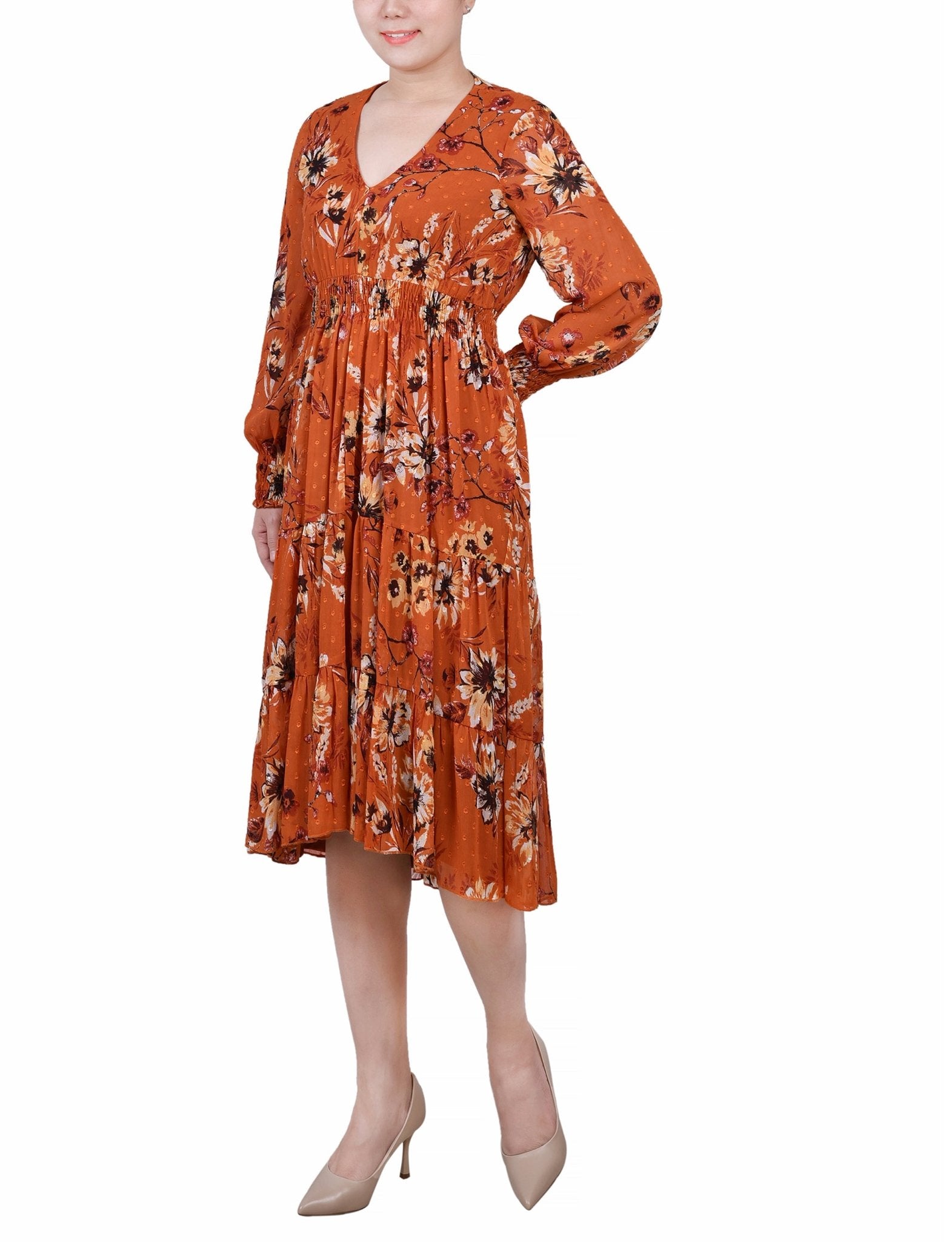 Orange Hauppage Long Sleeve Clip Dot Chiffon Dress With Smocked Waist and Cuffs - DressbarnKnee Length & Midi Dresses