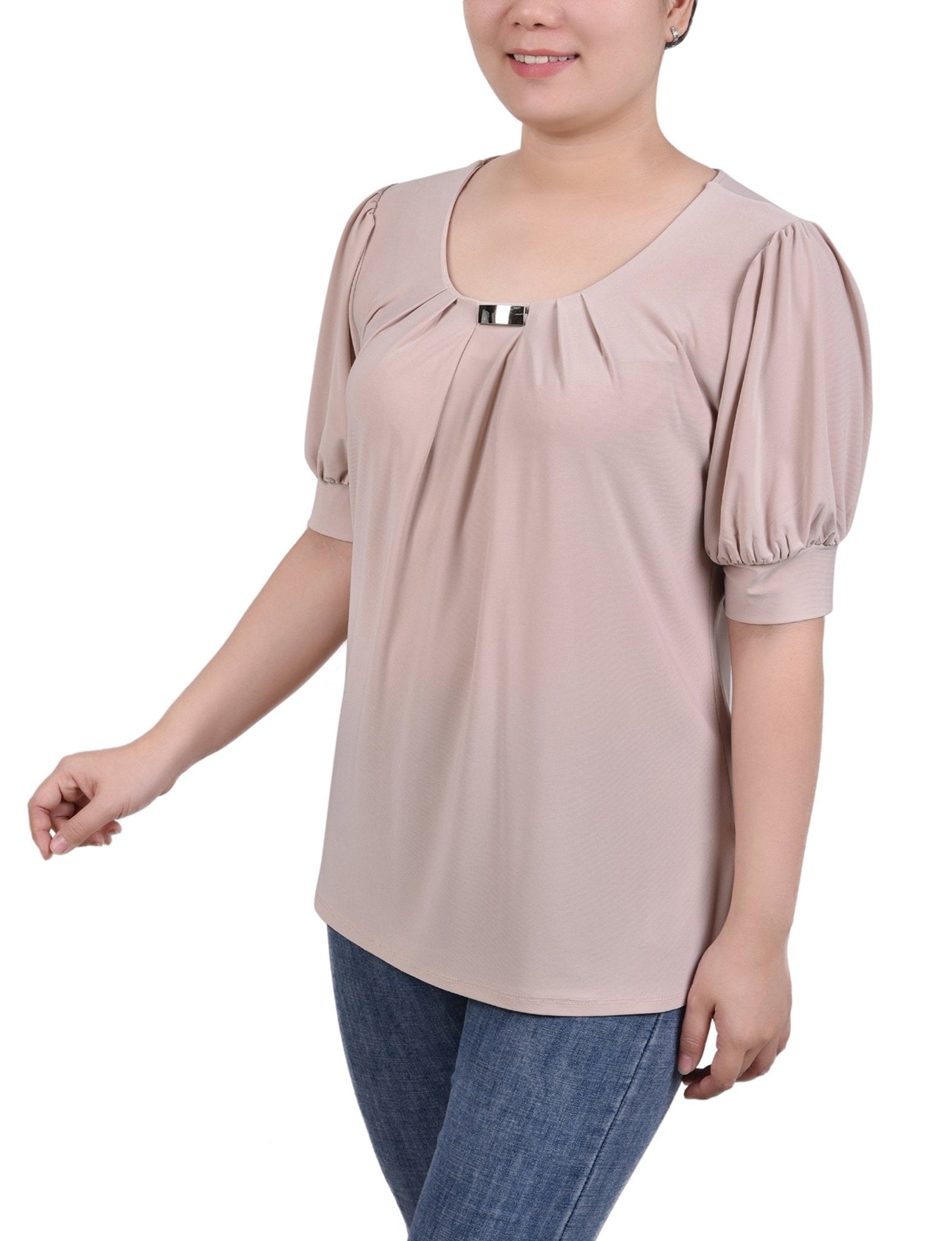 Oxford Tan Short Sleeve Balloon Sleeve Top With Hardware - DressbarnBlouses