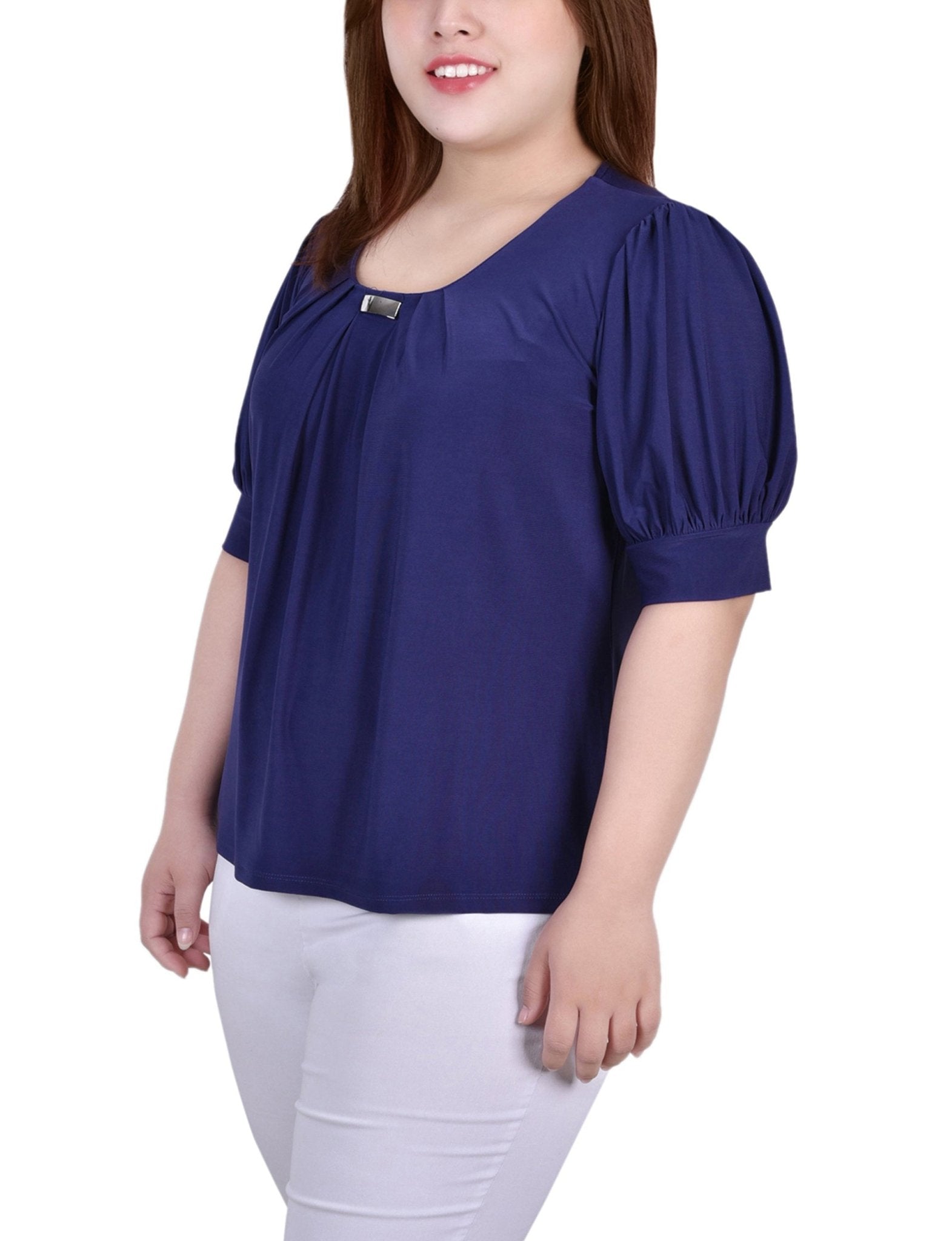 Patriot Blue Short Sleeve Balloon Sleeve Top With Hardware - Plus - DressbarnBlouses