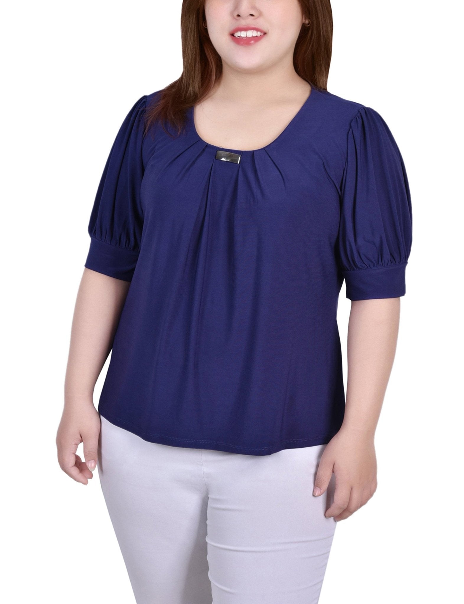 Patriot Blue Short Sleeve Balloon Sleeve Top With Hardware - Plus - DressbarnBlouses