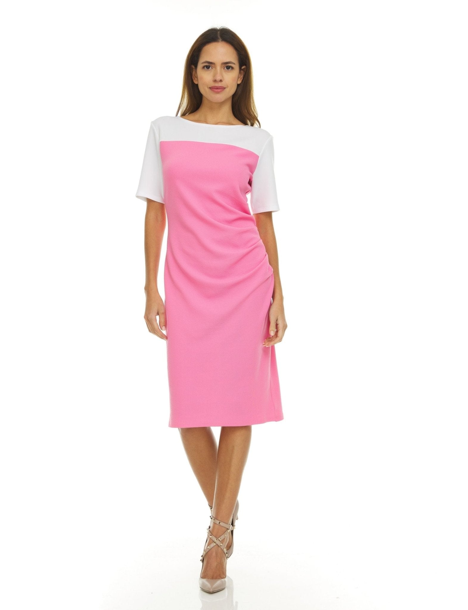 Pink Color Block Short Sleeves Dress - DressbarnClothing