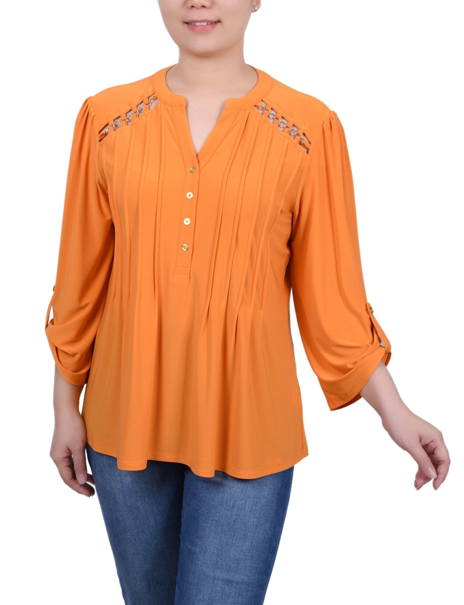 Pintuck Front Top With Chain Details - Petite - DressbarnShirts & Blouses