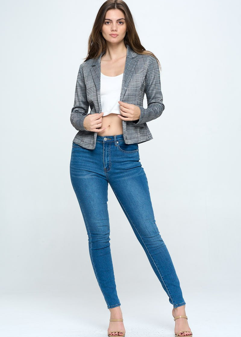Plaid Long sleeve Blazer Jacket Top - DressbarnShirts & Blouses