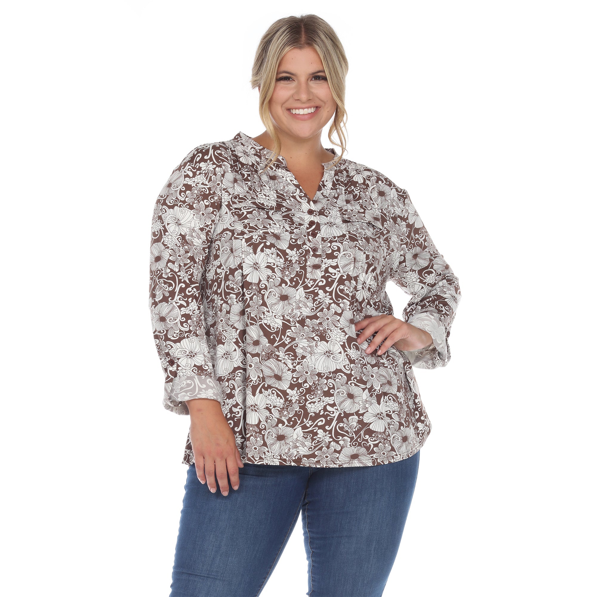 Pleated Long Sleeve Floral Print Blouse - Plus - DressbarnShirts & Blouses