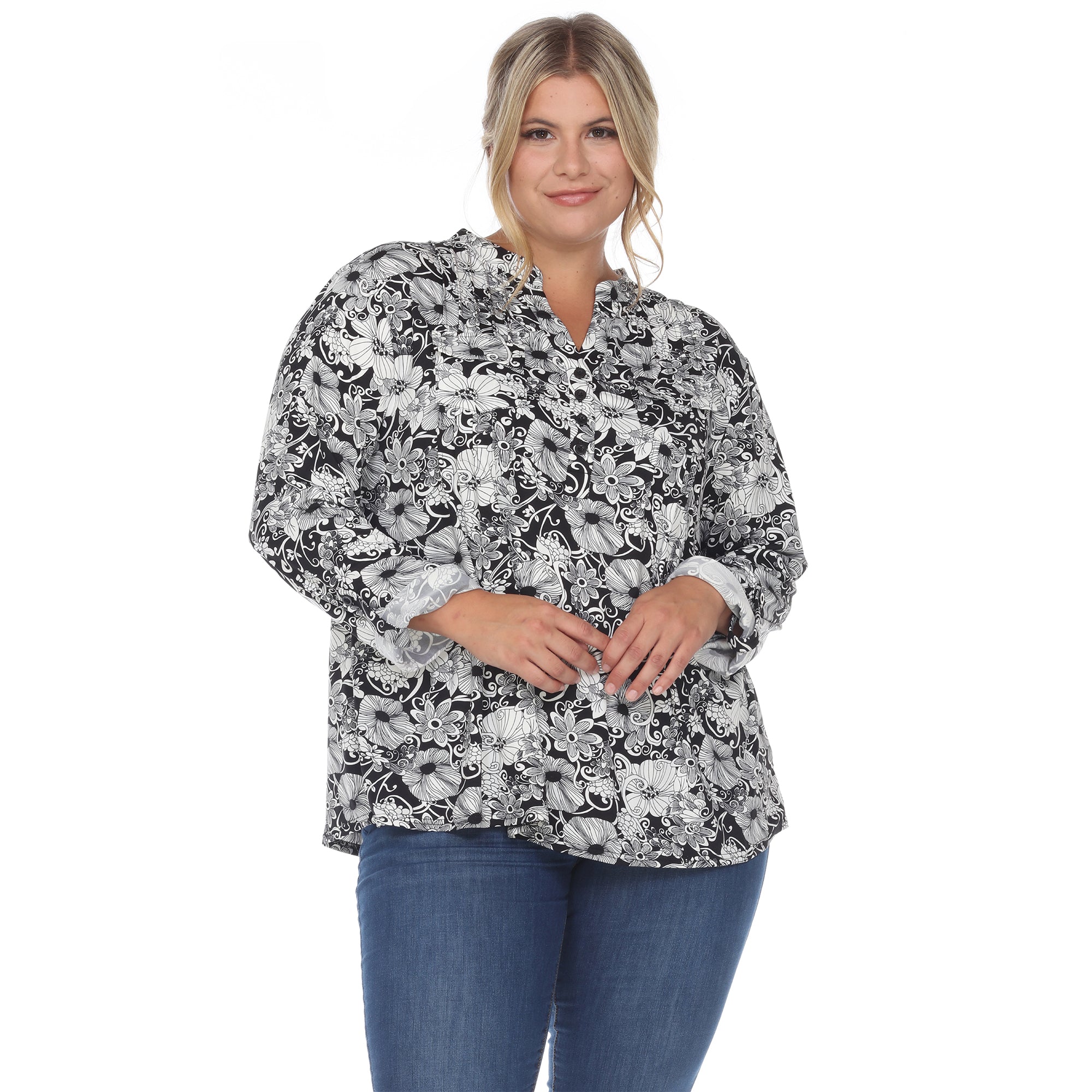 Pleated Long Sleeve Floral Print Blouse - Plus - DressbarnShirts & Blouses