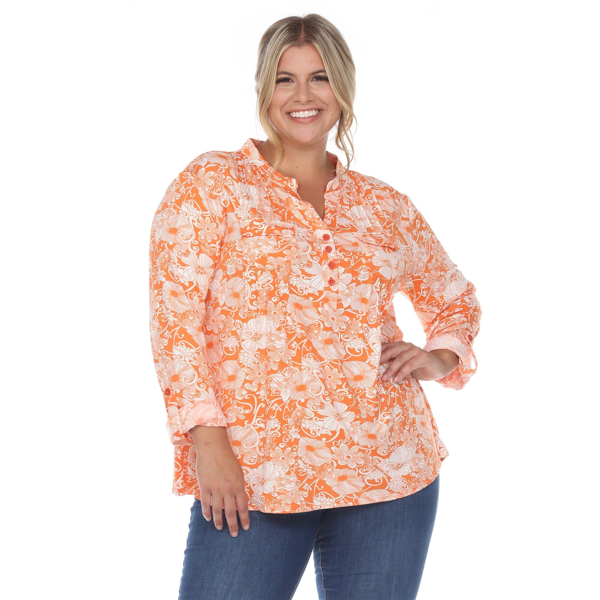 Pleated Long Sleeve Floral Print Blouse - Plus - DressbarnShirts & Blouses