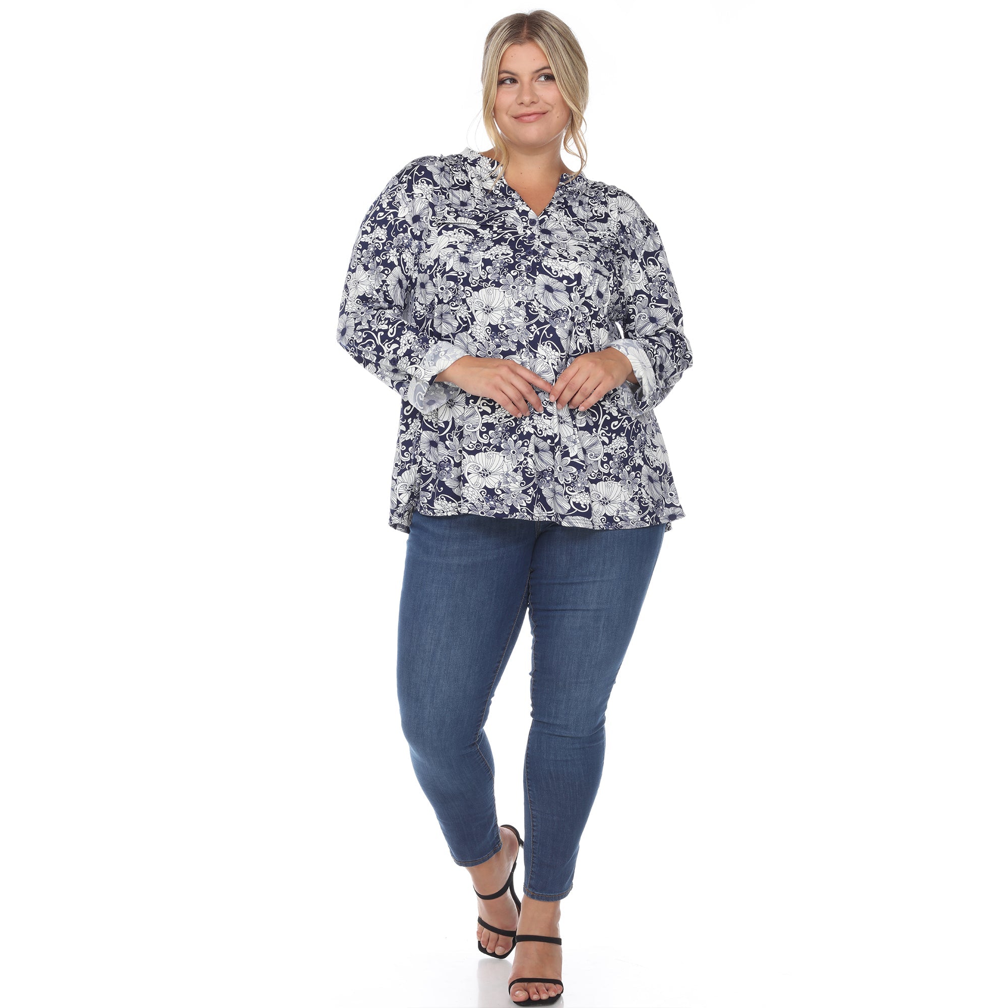 Pleated Long Sleeve Floral Print Blouse - Plus - DressbarnShirts & Blouses