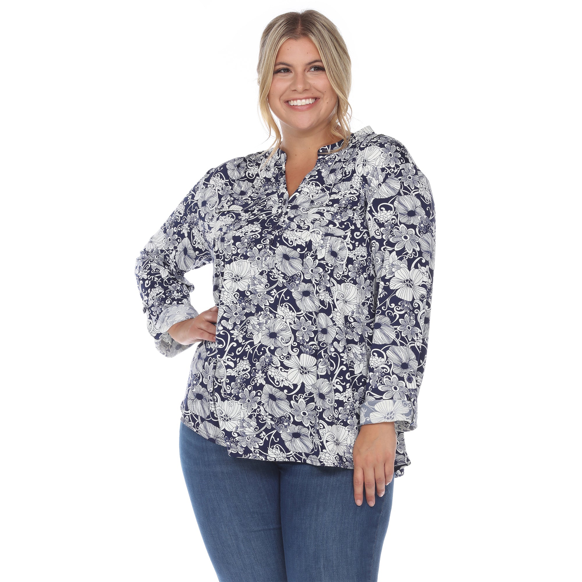 Pleated Long Sleeve Floral Print Blouse - Plus - DressbarnShirts & Blouses