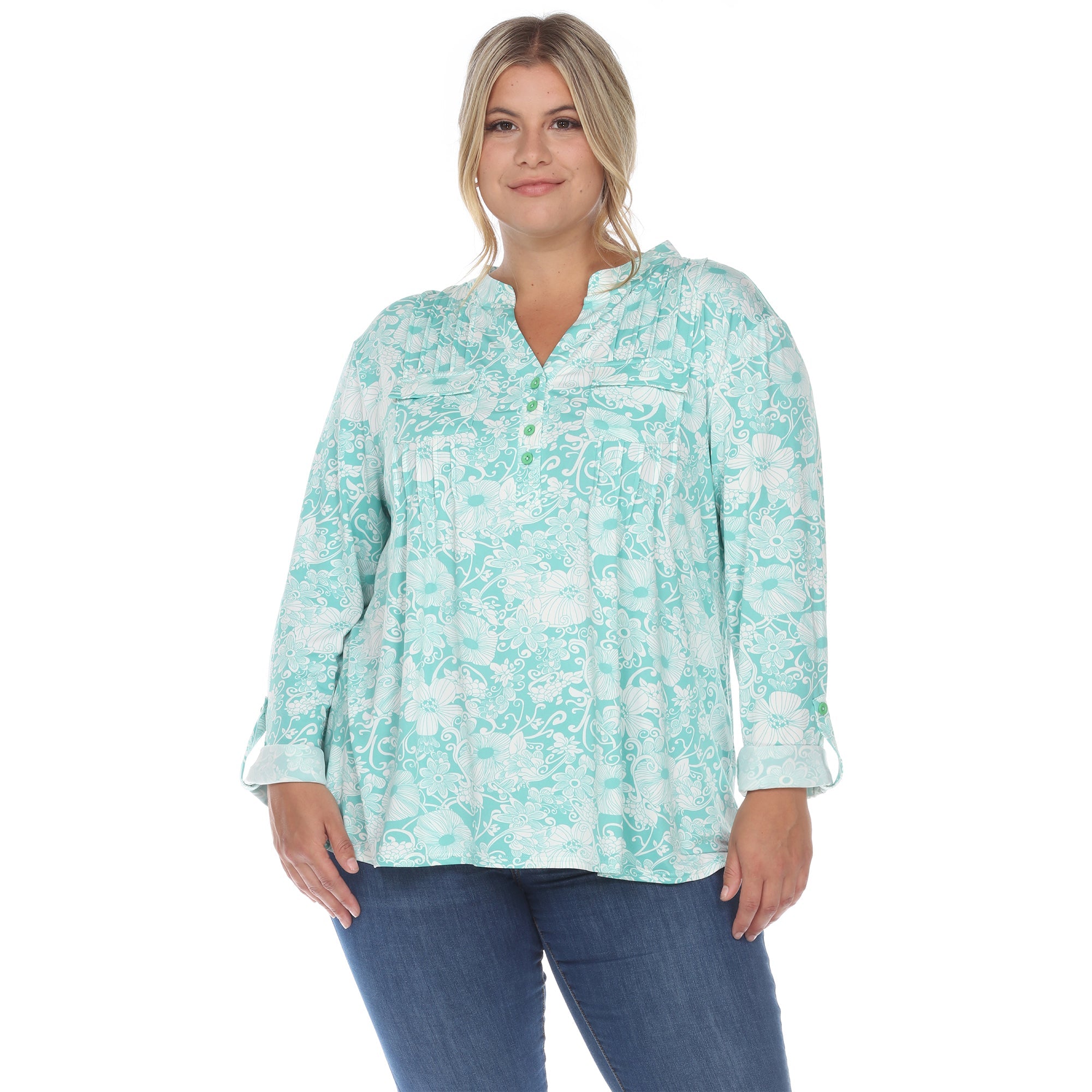 Pleated Long Sleeve Floral Print Blouse - Plus - DressbarnShirts & Blouses