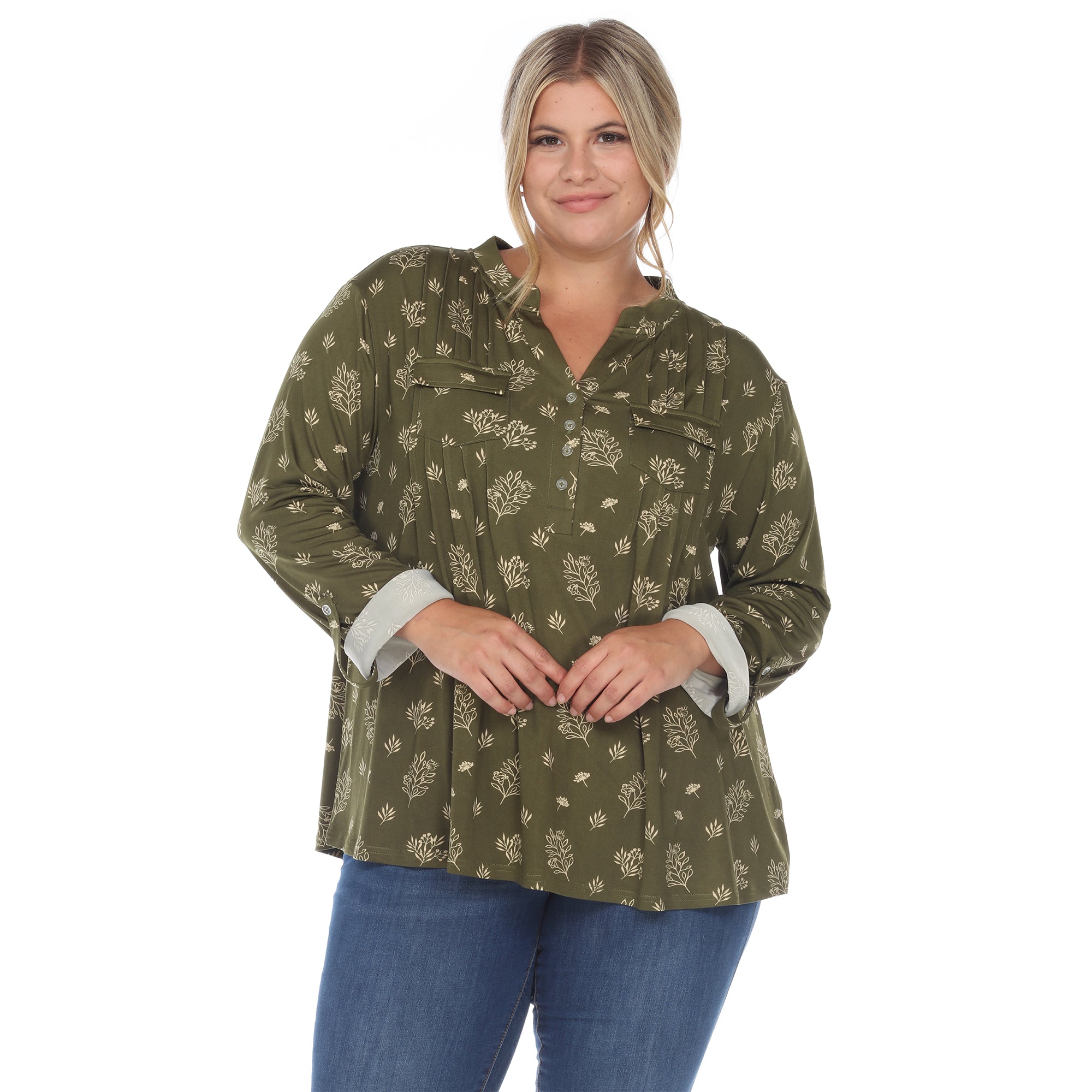 Pleated Long Sleeve Leaf Print Blouse - Plus - DressbarnShirts & Blouses