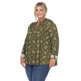Pleated Long Sleeve Leaf Print Blouse - Plus - DressbarnShirts & Blouses