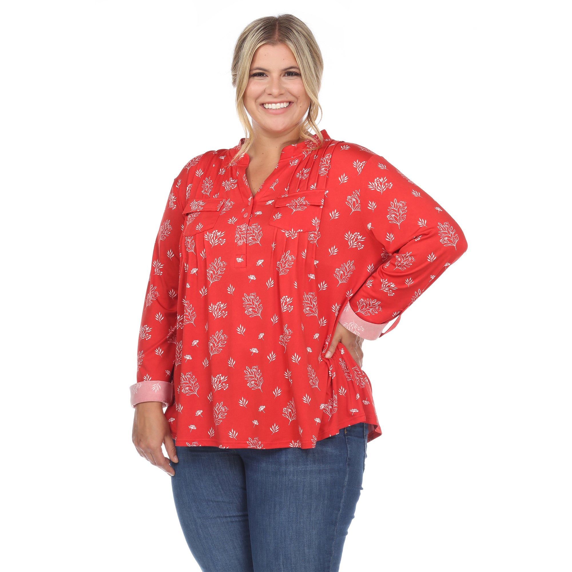 Pleated Long Sleeve Leaf Print Blouse - Plus - DressbarnShirts & Blouses