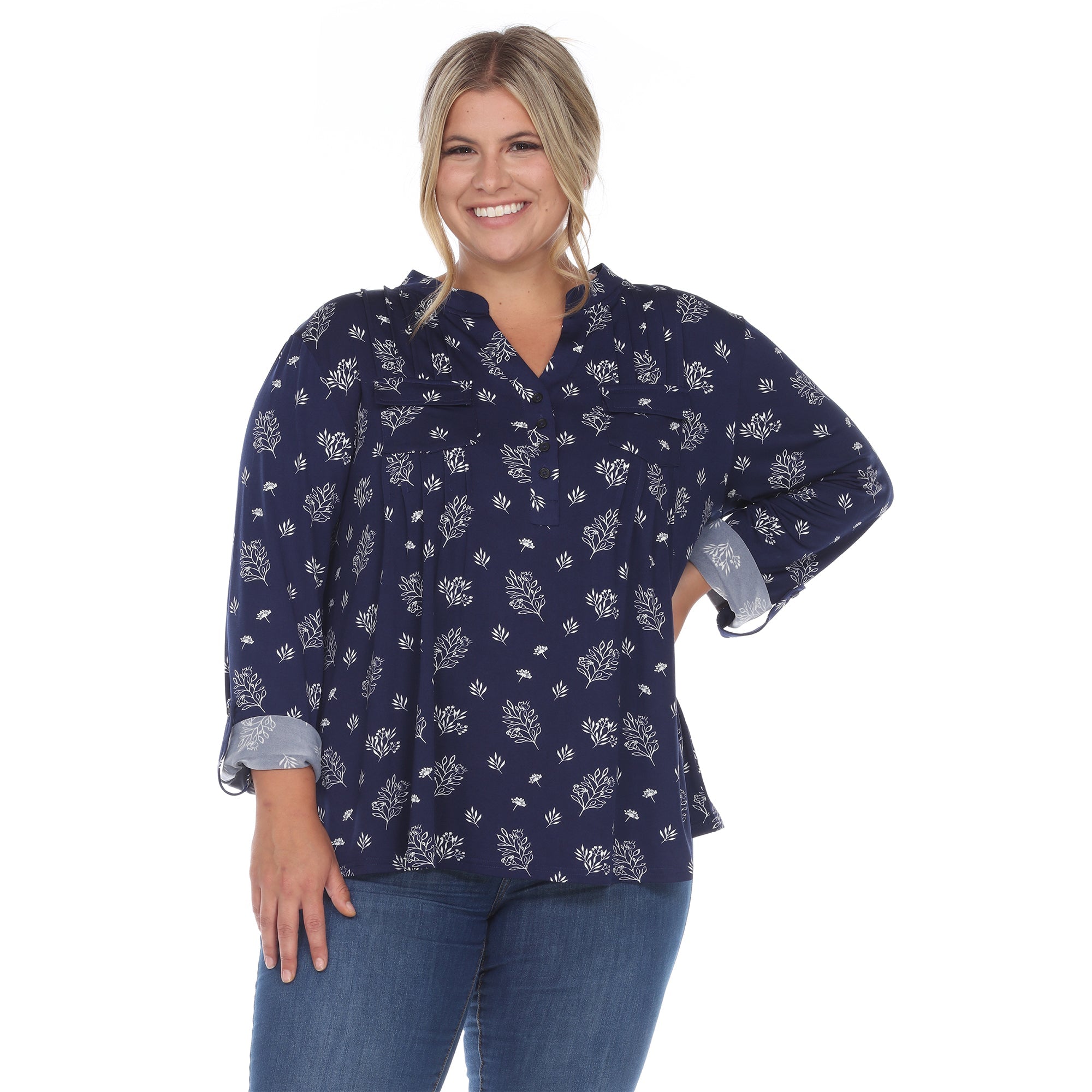Pleated Long Sleeve Leaf Print Blouse - Plus - DressbarnShirts & Blouses