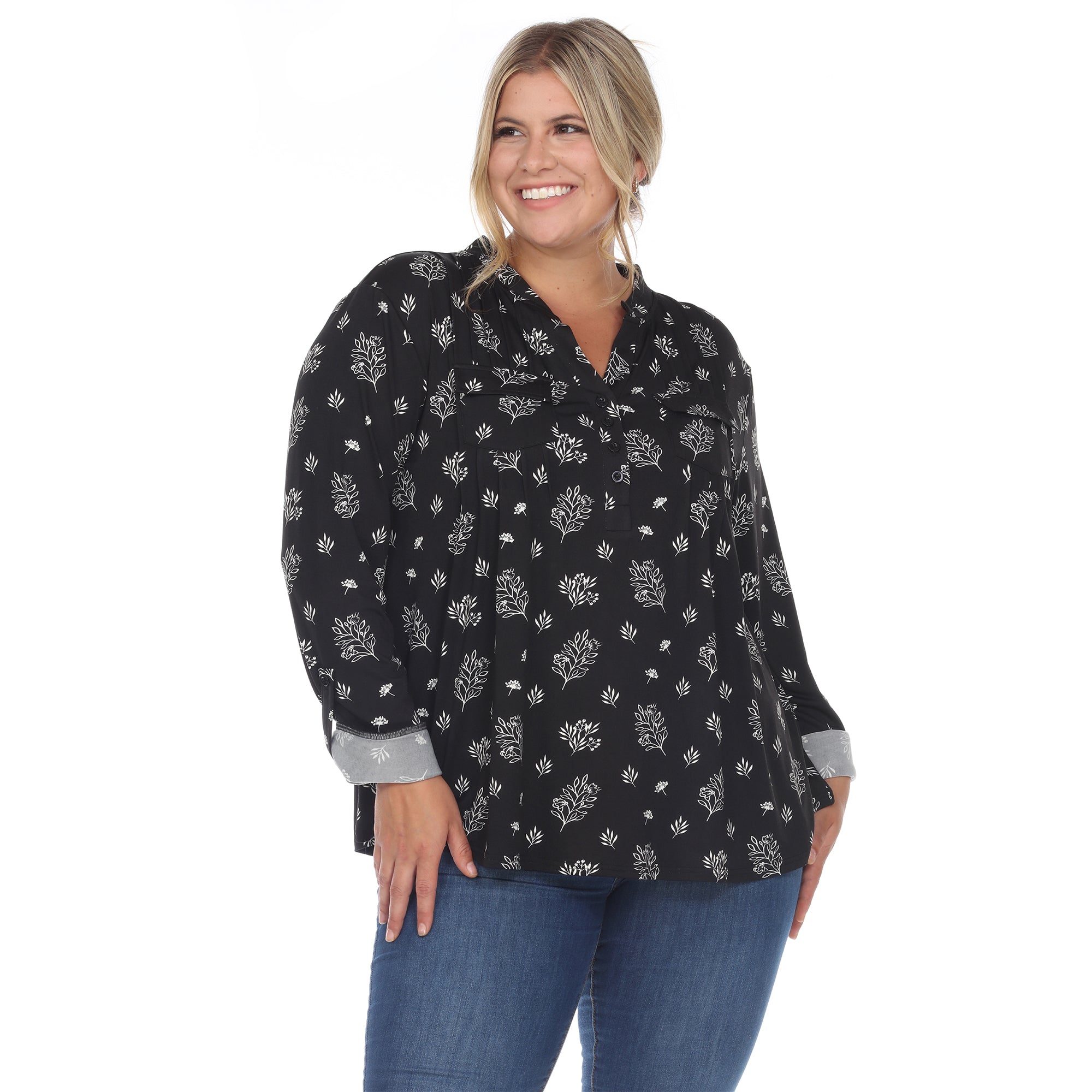 Pleated Long Sleeve Leaf Print Blouse - Plus - DressbarnShirts & Blouses