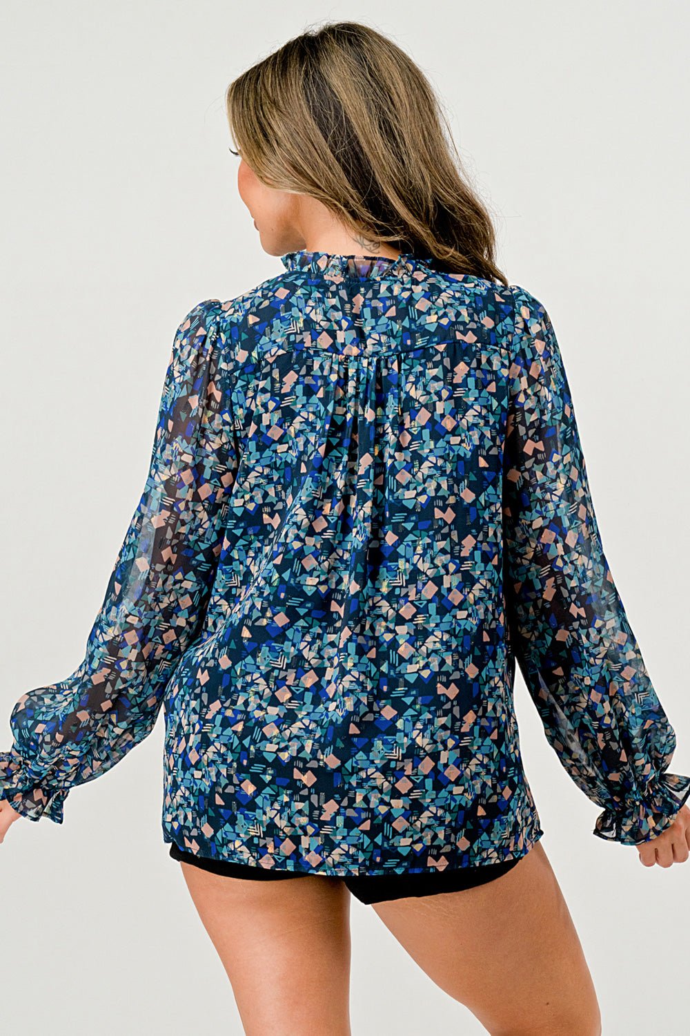 Pleats detail long sleeve pop over blouse with floral chiffon - DressbarnShirts & Blouses