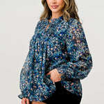 Pleats detail long sleeve pop over blouse with floral chiffon - DressbarnShirts & Blouses