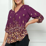 Plum 3/4 Button Tab Sleeve V Neck Popover - Plus - DressbarnShirts & Blouses