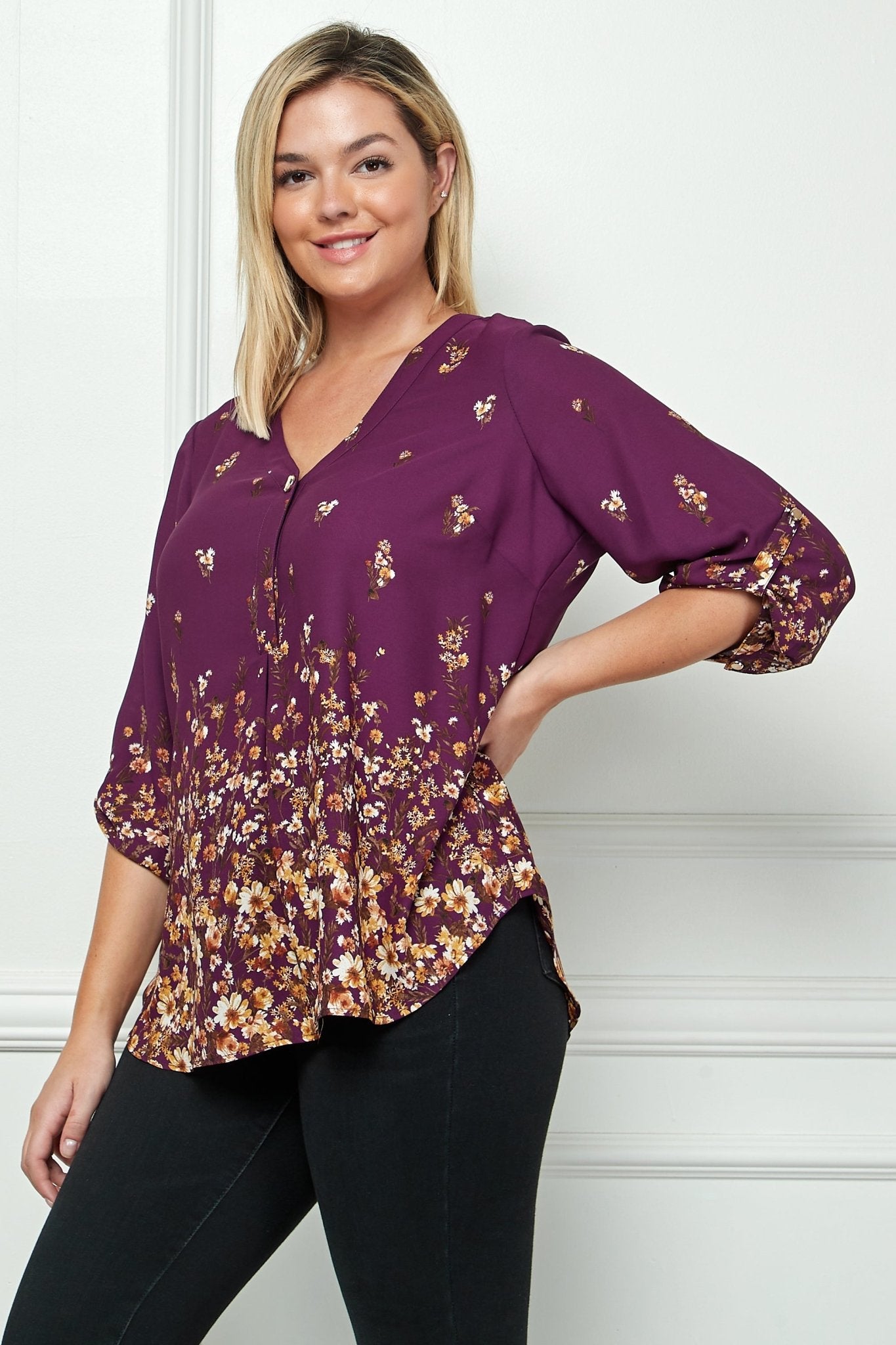 Plum 3/4 Button Tab Sleeve V Neck Popover - Plus - DressbarnShirts & Blouses