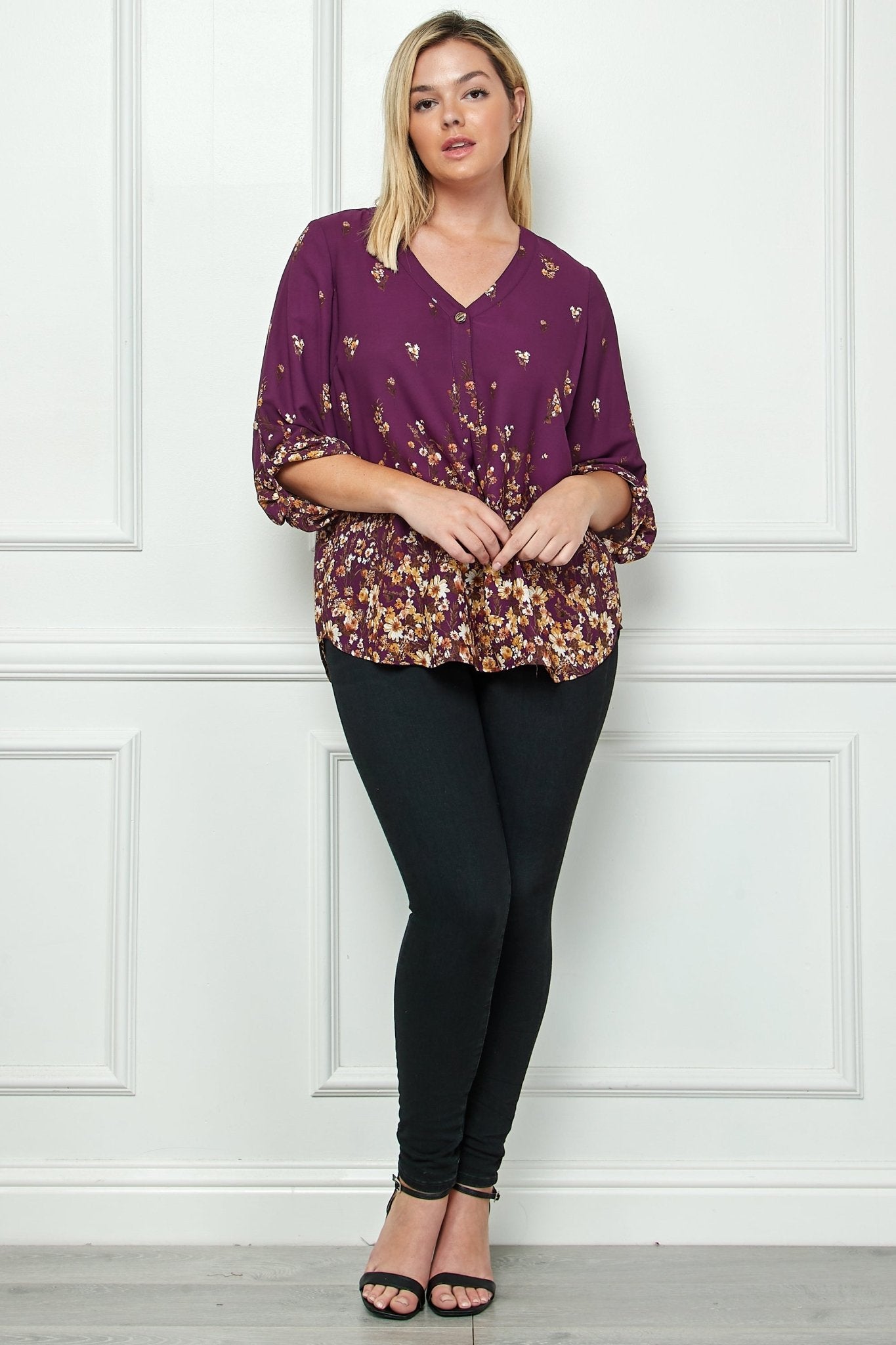 Plum 3/4 Button Tab Sleeve V Neck Popover - Plus - DressbarnShirts & Blouses