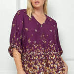 Plum 3/4 Button Tab Sleeve V Neck Popover - Plus - DressbarnShirts & Blouses