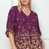 Plum 3/4 Button Tab Sleeve V Neck Popover - Plus - DressbarnShirts & Blouses