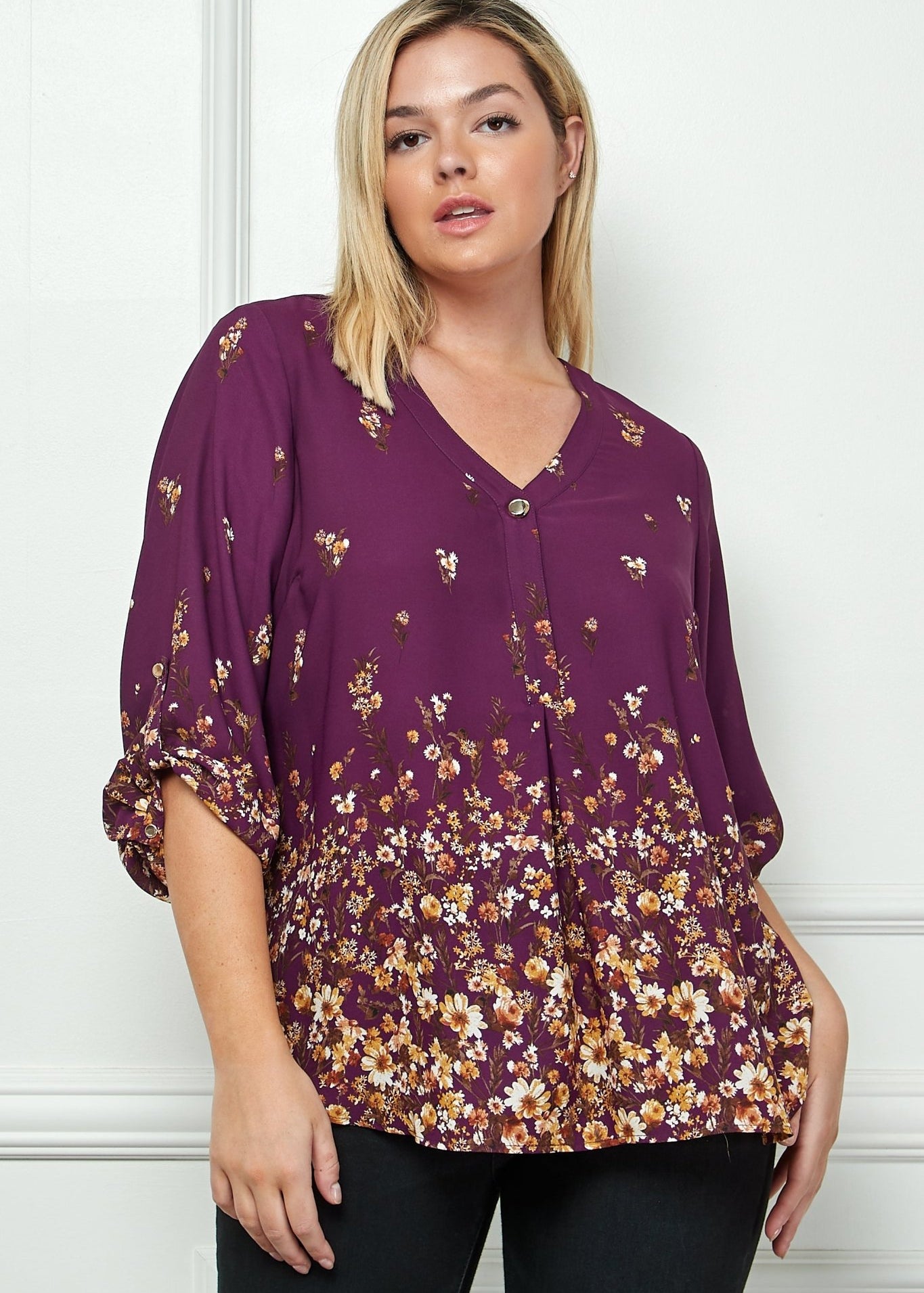 Plum 3/4 Button Tab Sleeve V Neck Popover - Plus - DressbarnShirts & Blouses