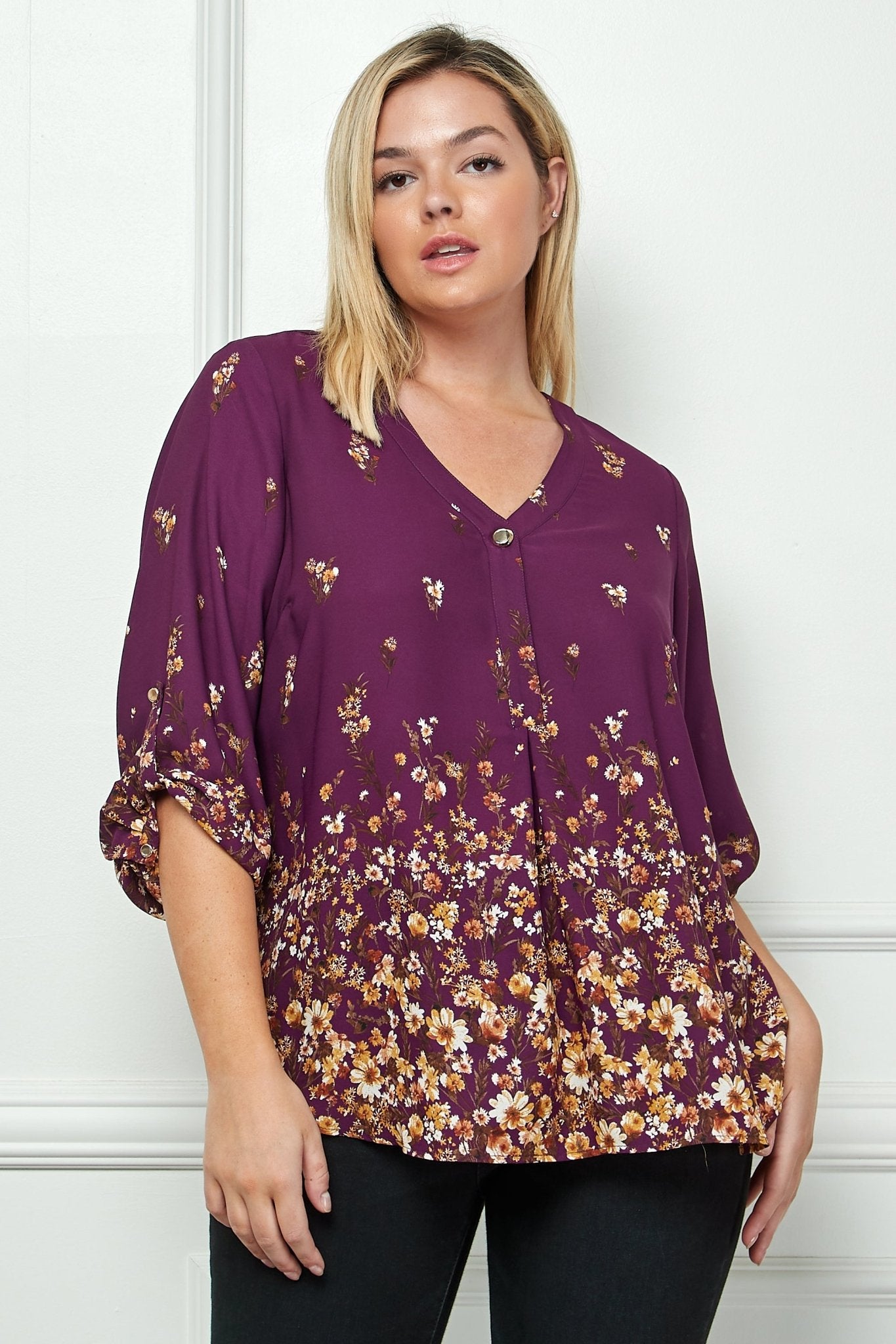 Plum 3/4 Button Tab Sleeve V Neck Popover - Plus - DressbarnShirts & Blouses