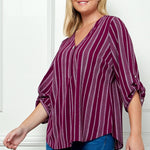 Plum & Cream 3/4 Button Tab Sleeve V Neck Popover - Plus - DressbarnShirts & Blouses