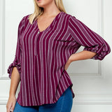 Plum & Cream 3/4 Button Tab Sleeve V Neck Popover - Plus - DressbarnShirts & Blouses