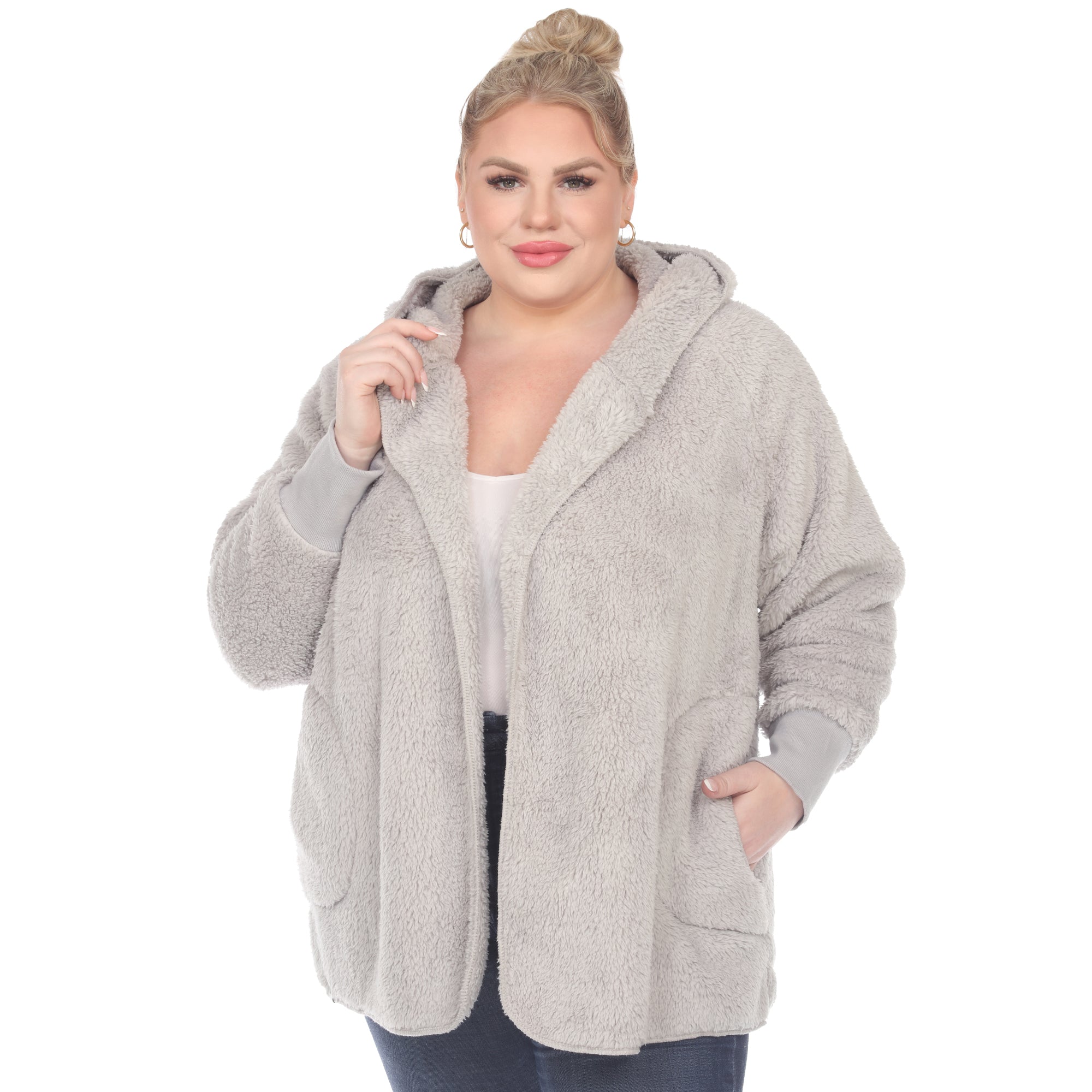 Plush Hooded Cardigan with Pockets - Plus - DressbarnSweatshirts & Hoodies