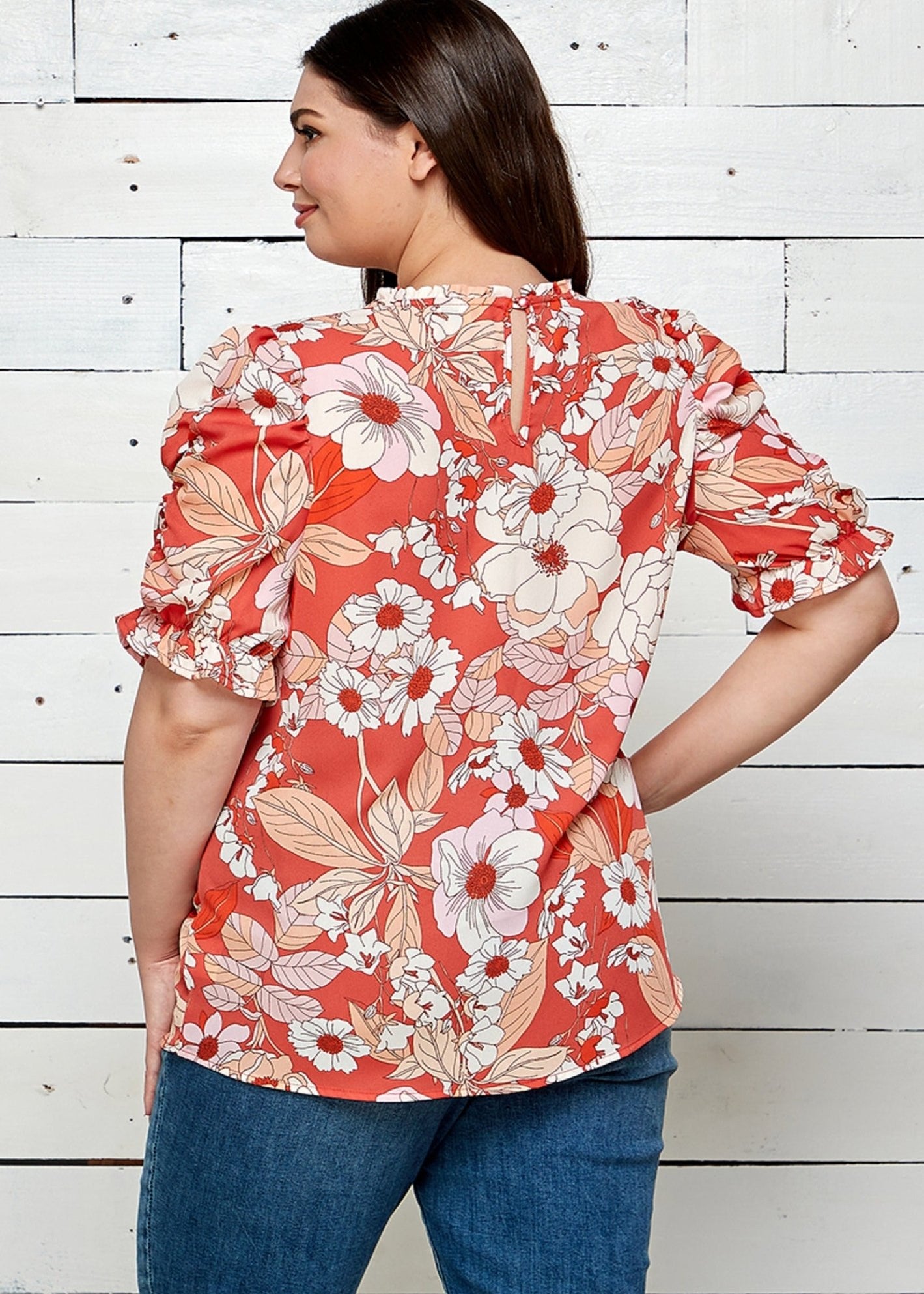 Poppi Short Rouche Sleeve Ruffle Neck Blouse - Plus - DressbarnShirts & Blouses