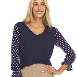 Printed Polka Dot Sleeve V-neck Top - DressbarnShirts & Blouses