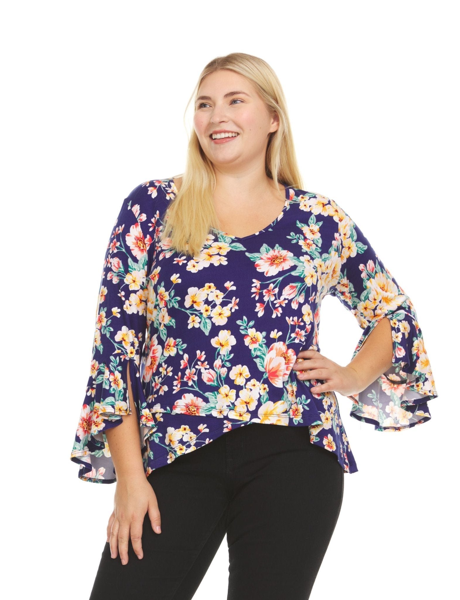 Printed V-Neck Top With Flutter Sleeves And An Overlaping Hem - Plus - DressbarnShirts & Blouses