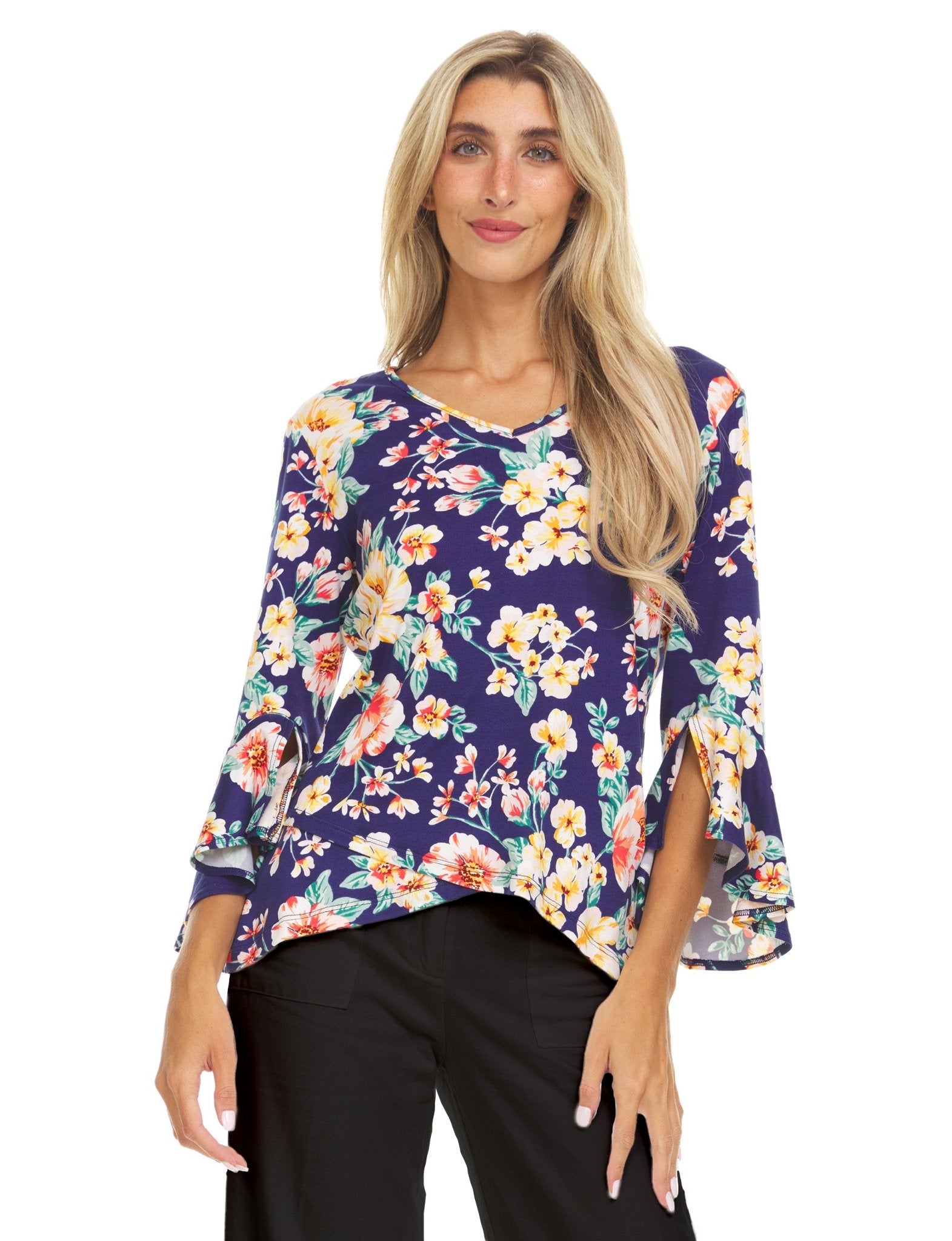 Printed V-neck Top With Flutter Sleeves And An Overlapping Hem – Dressbarn