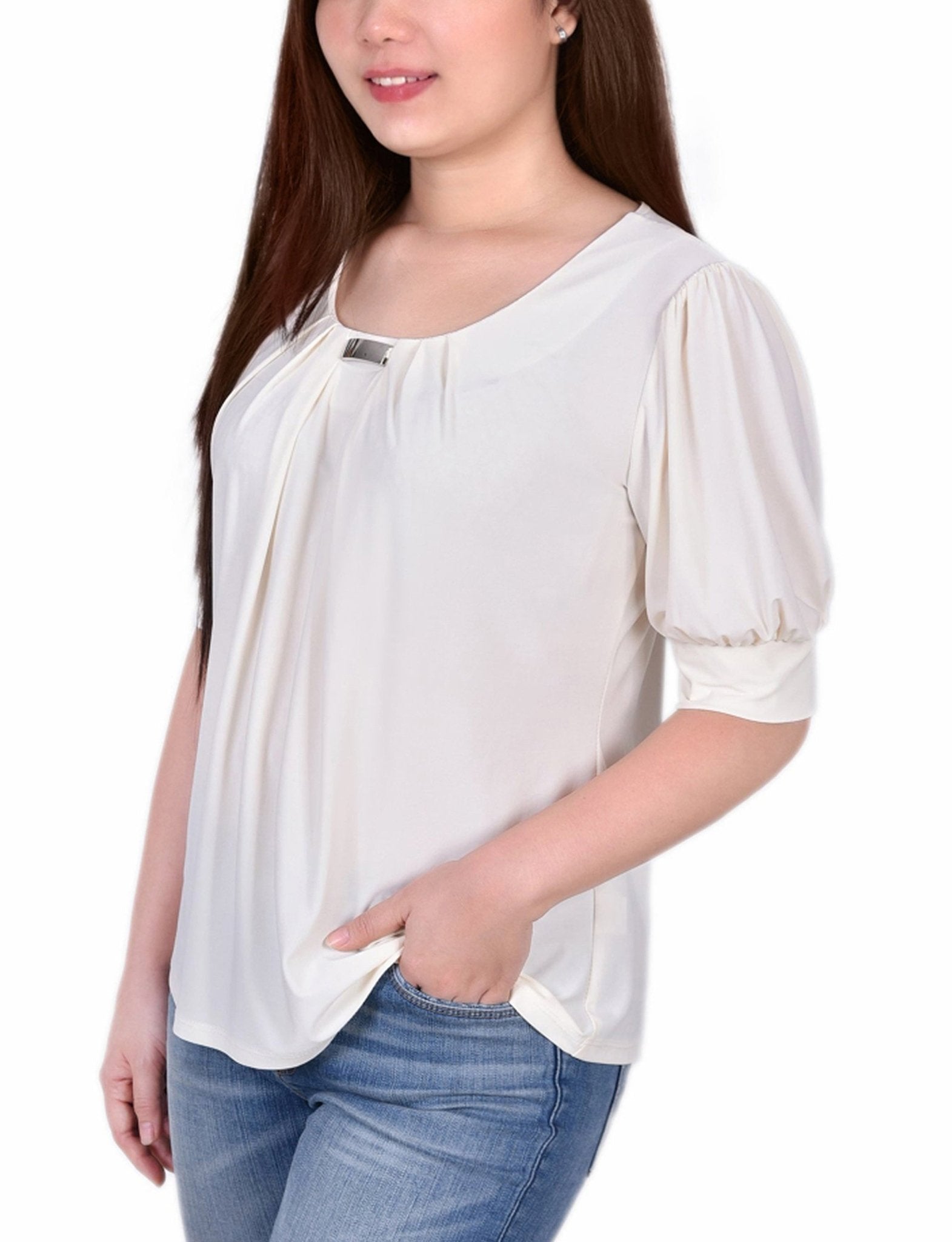 Pristine Short Sleeve Balloon Sleeve Top With Hardware - DressbarnBlouses