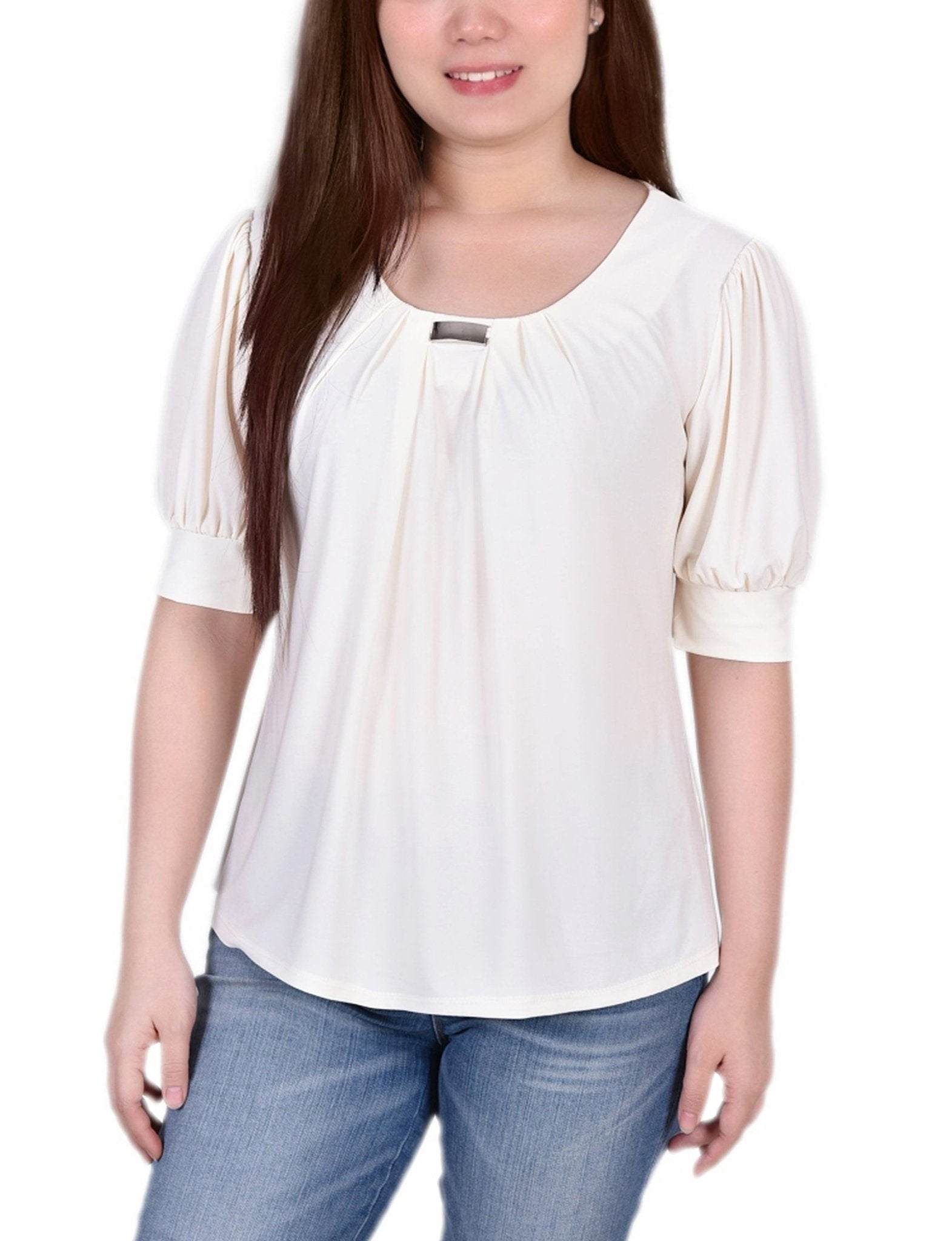 Pristine Short Sleeve Balloon Sleeve Top With Hardware - DressbarnBlouses